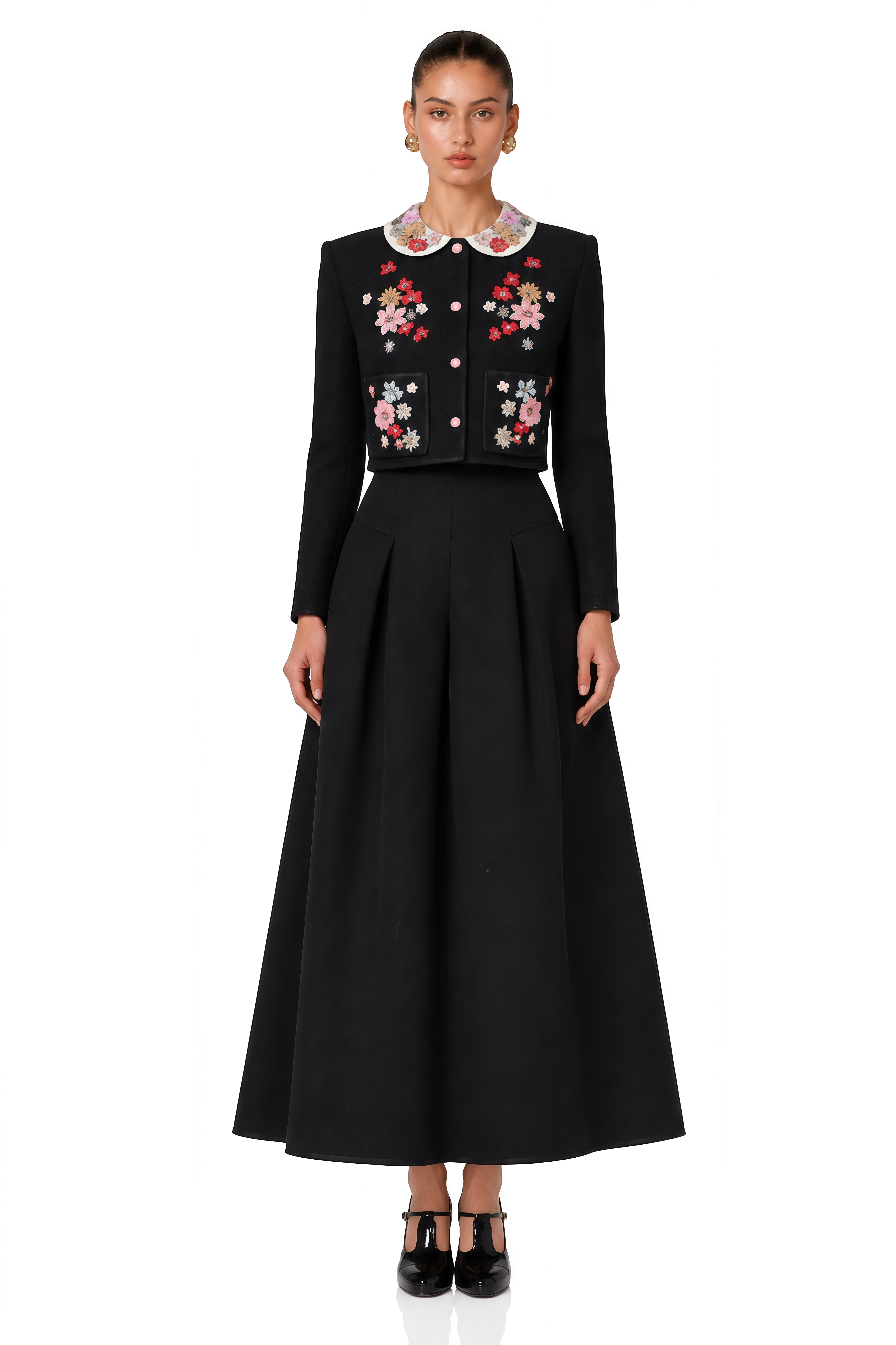 Calista Black Floral Embroidered Jacket & Skirt Set