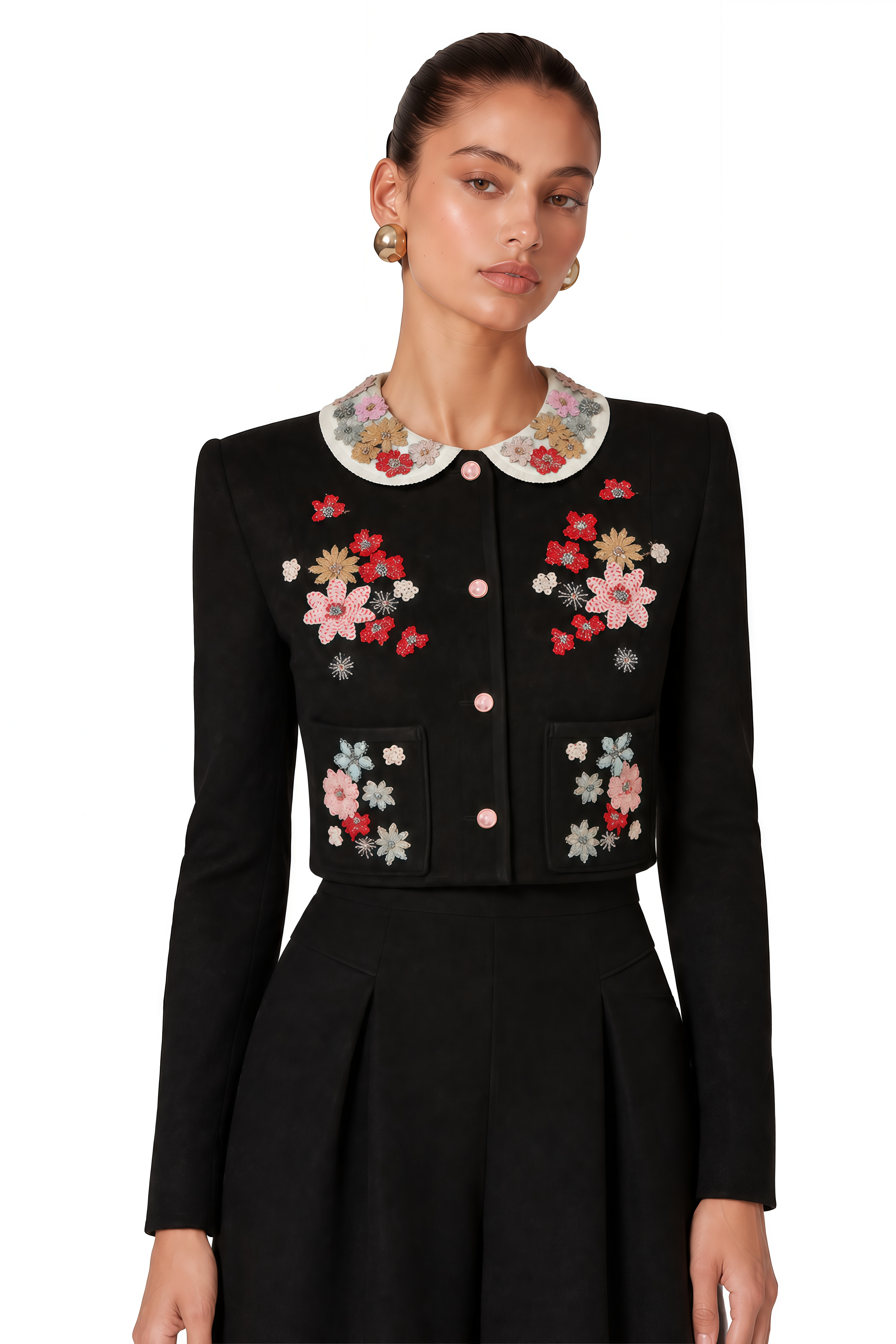 Calista Black Floral Embroidered Jacket & Skirt Set