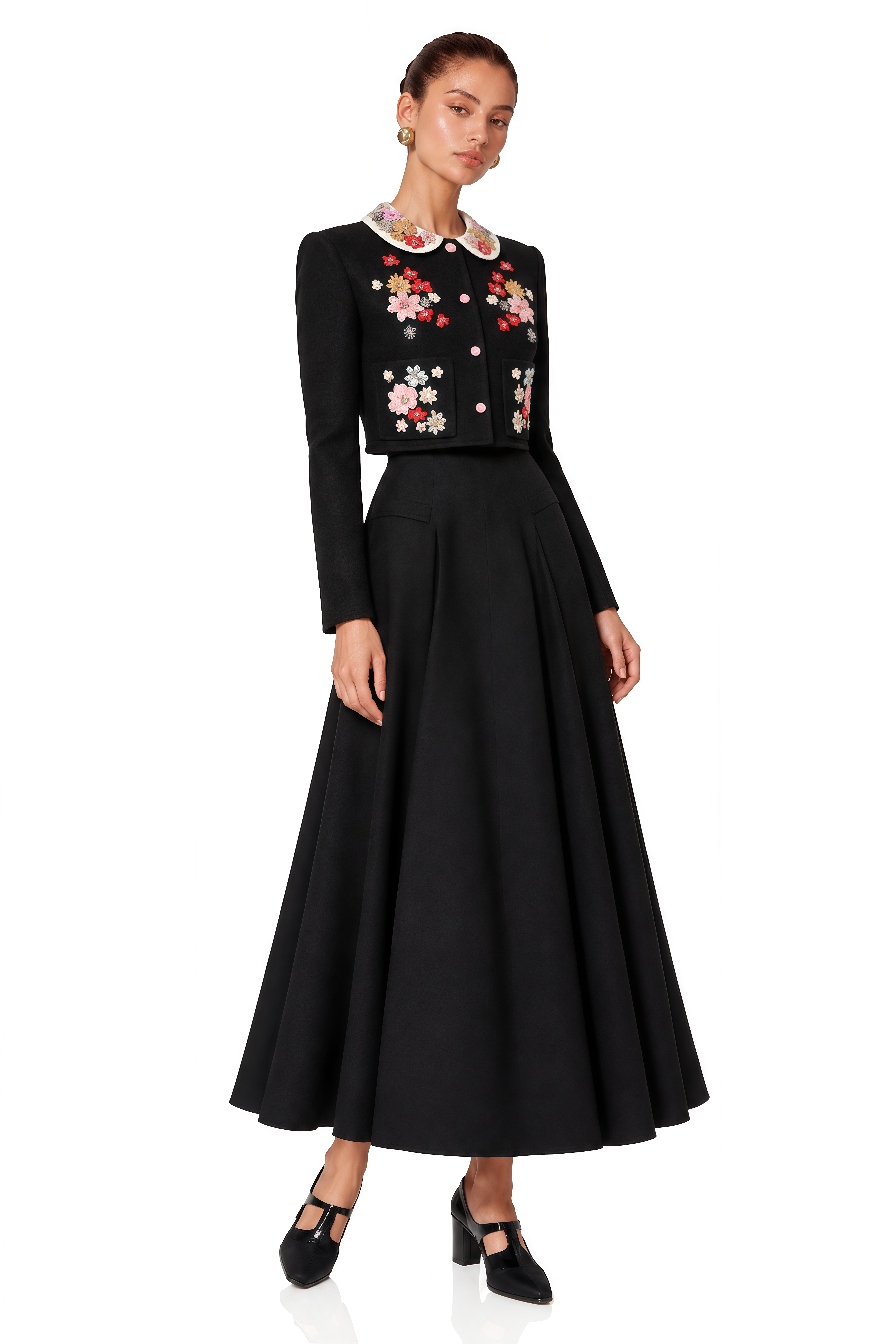 Calista Black Floral Embroidered Jacket & Skirt Set