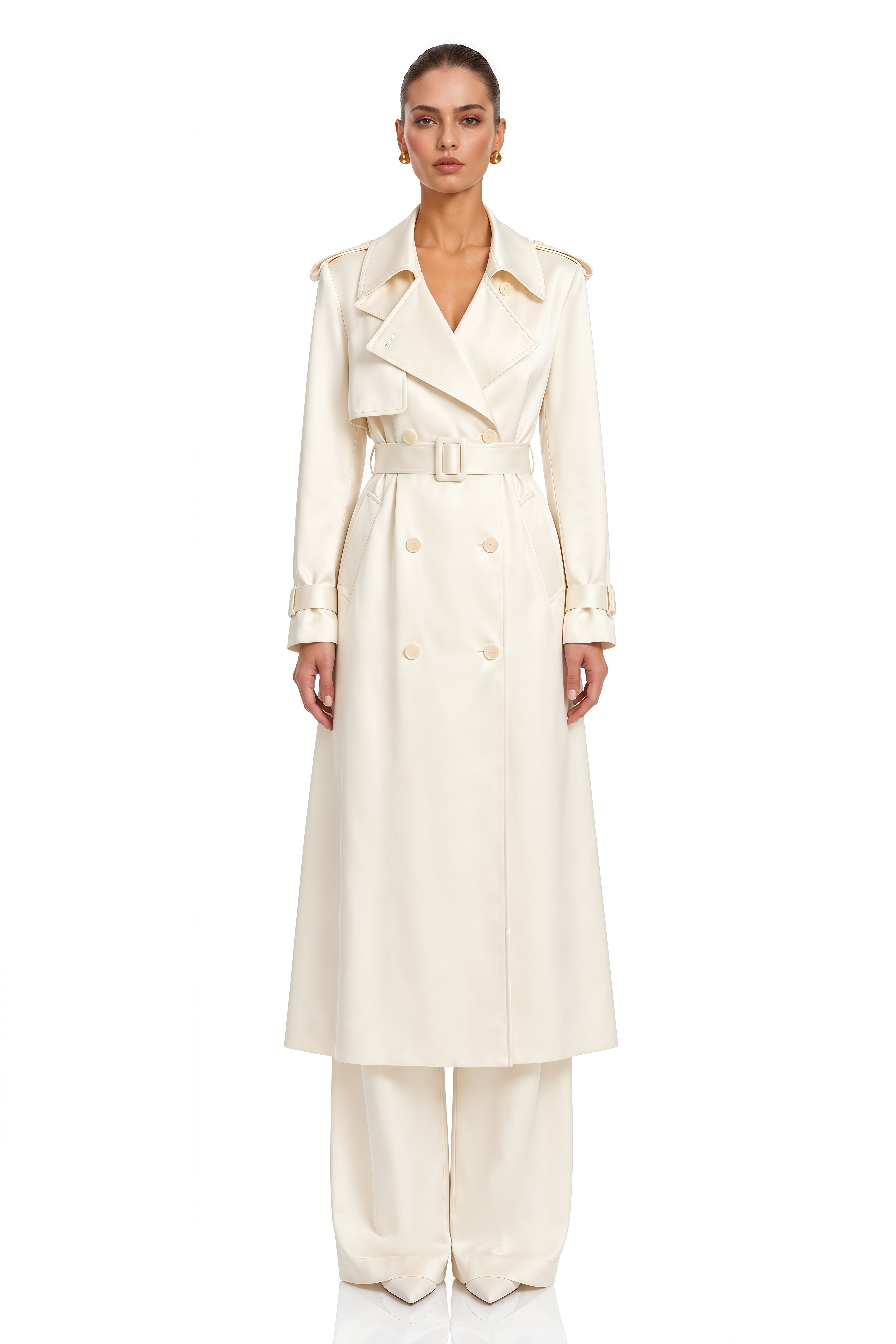 Caméo Neutral Double-Breasted Satin Trench Overcoat