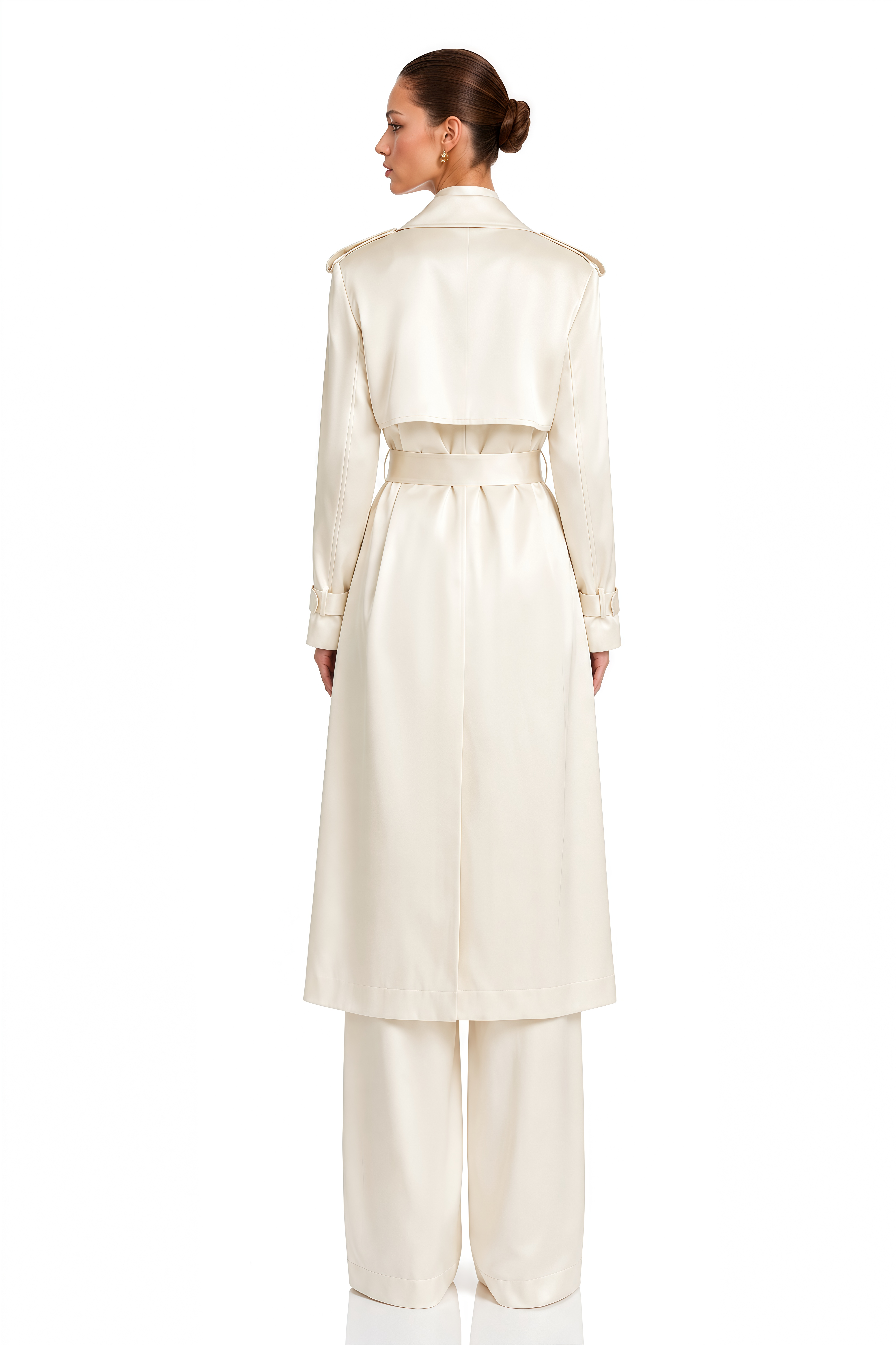 Caméo Neutral Double-Breasted Satin Trench Overcoat