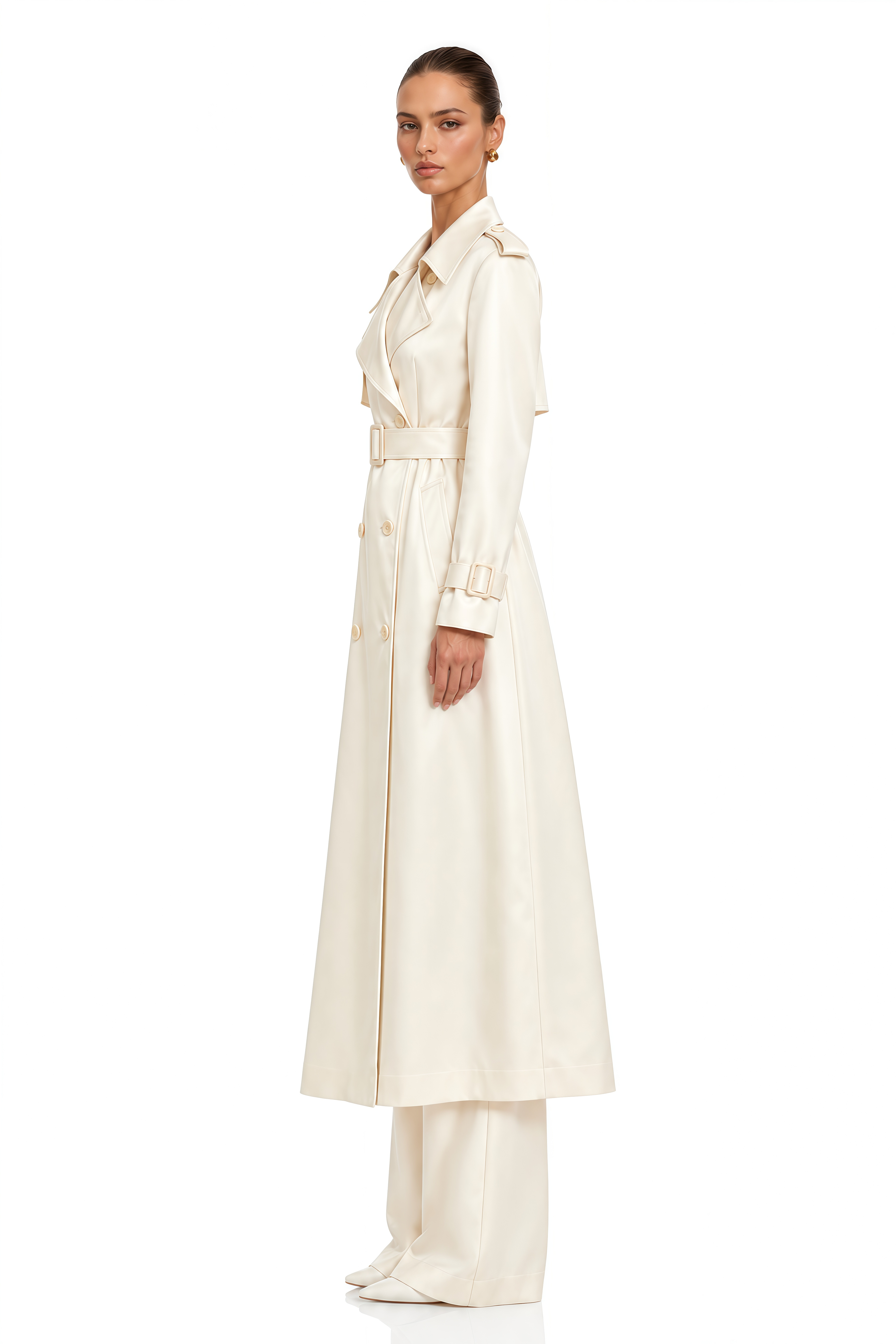 Caméo Neutral Double-Breasted Satin Trench Overcoat