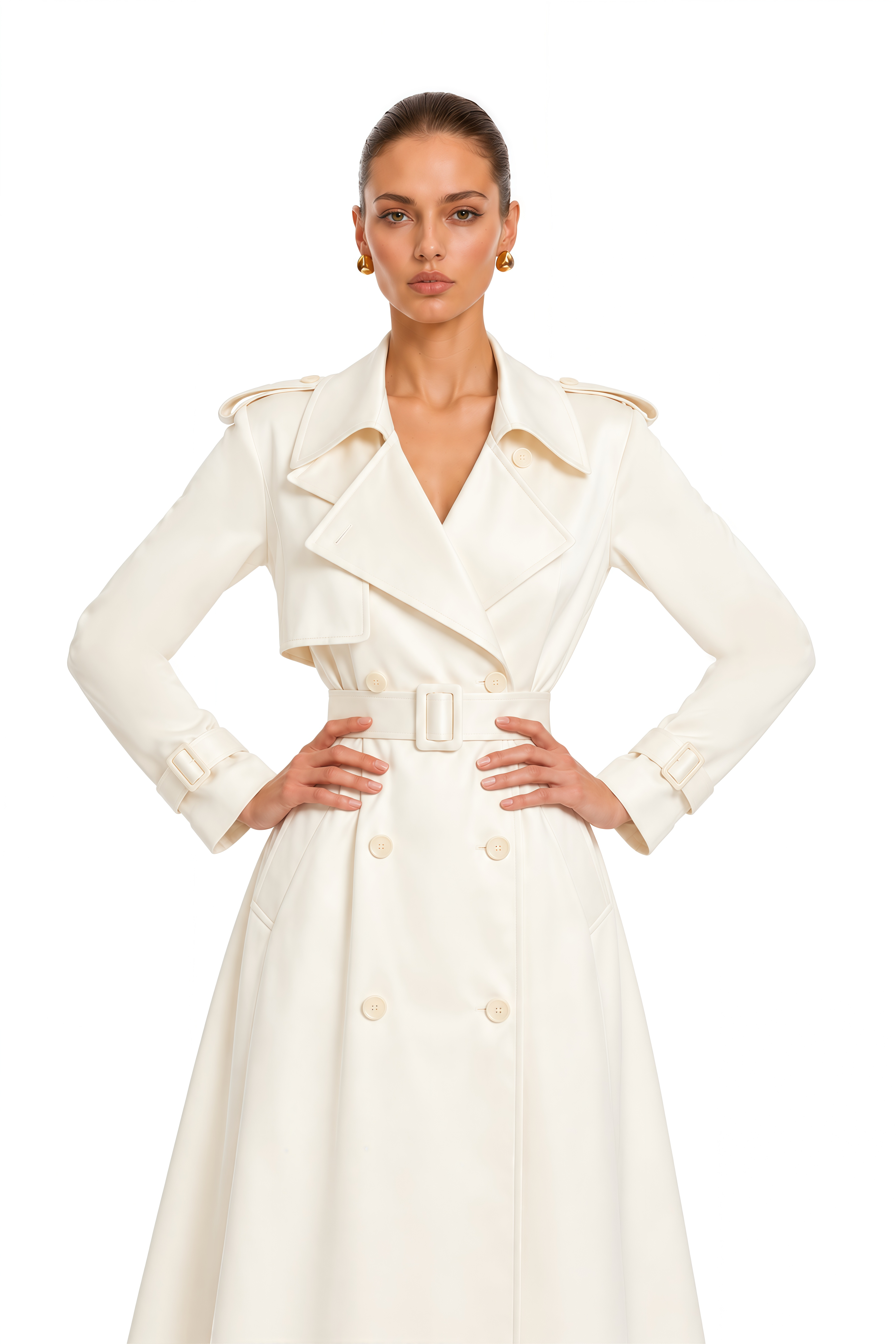 Caméo Neutral Double-Breasted Satin Trench Overcoat