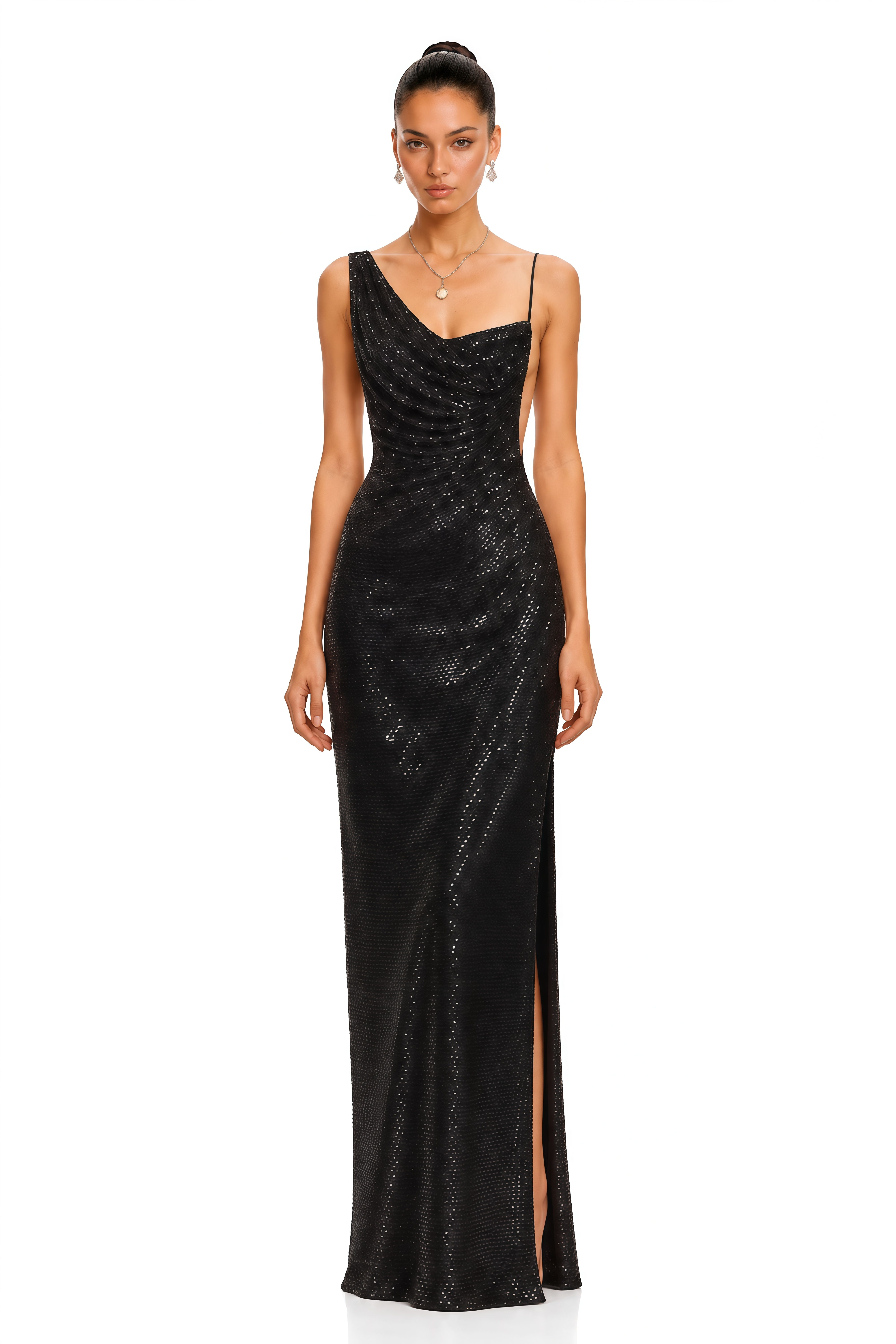 Cambria Black Sequin Asymmetrical Draped Maxi Dress