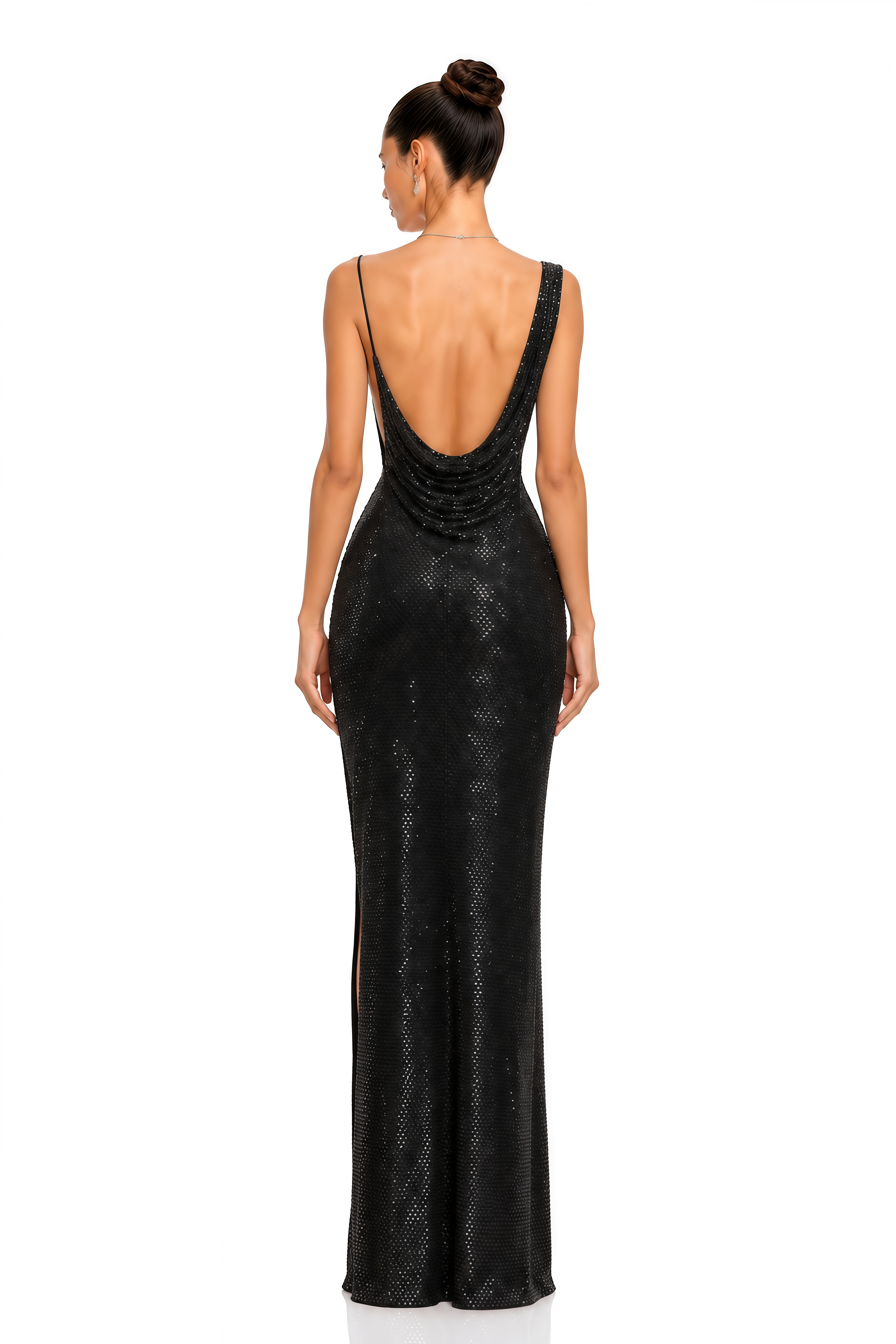 Cambria Black Sequin Asymmetrical Draped Maxi Dress