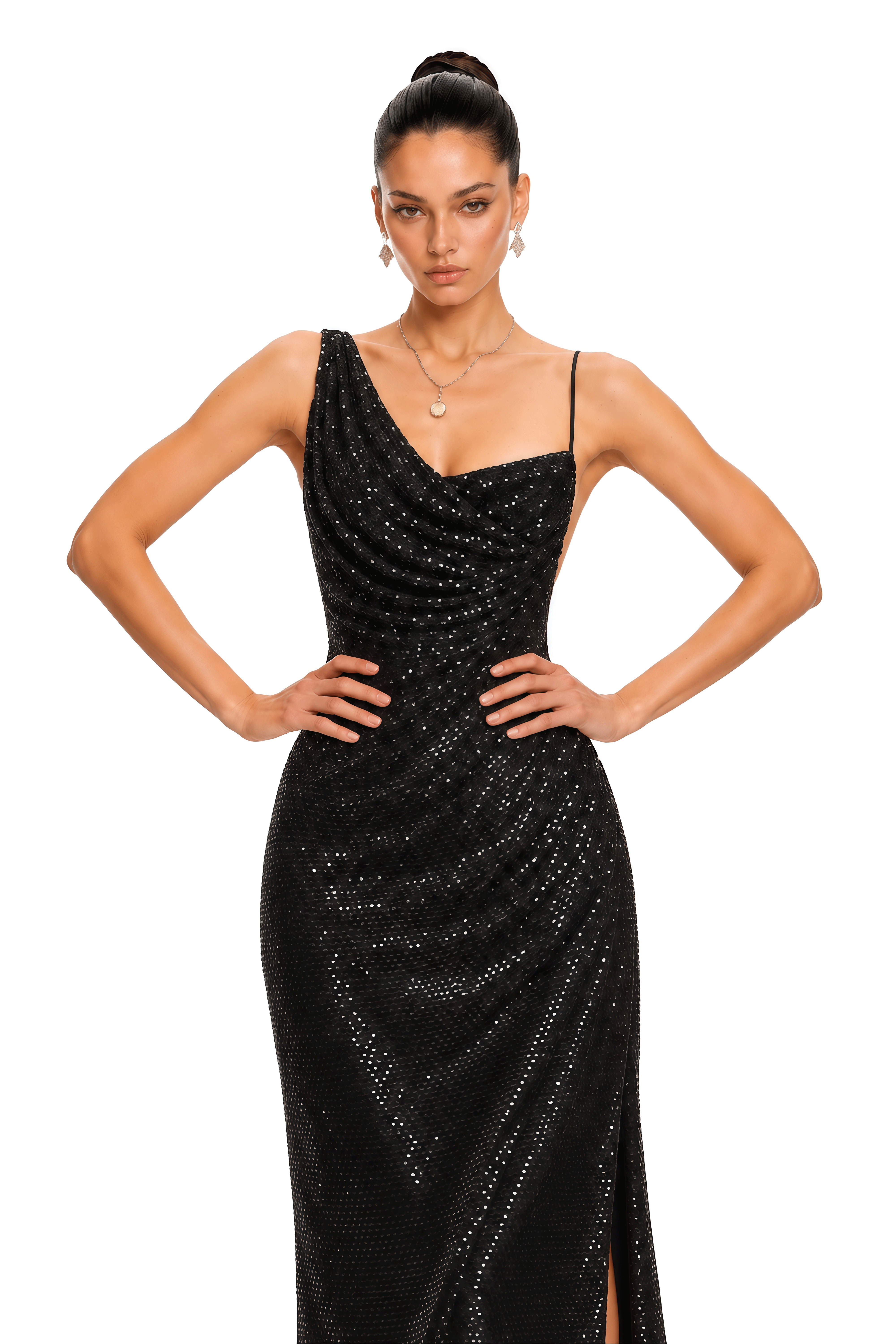 Cambria Black Sequin Asymmetrical Draped Maxi Dress