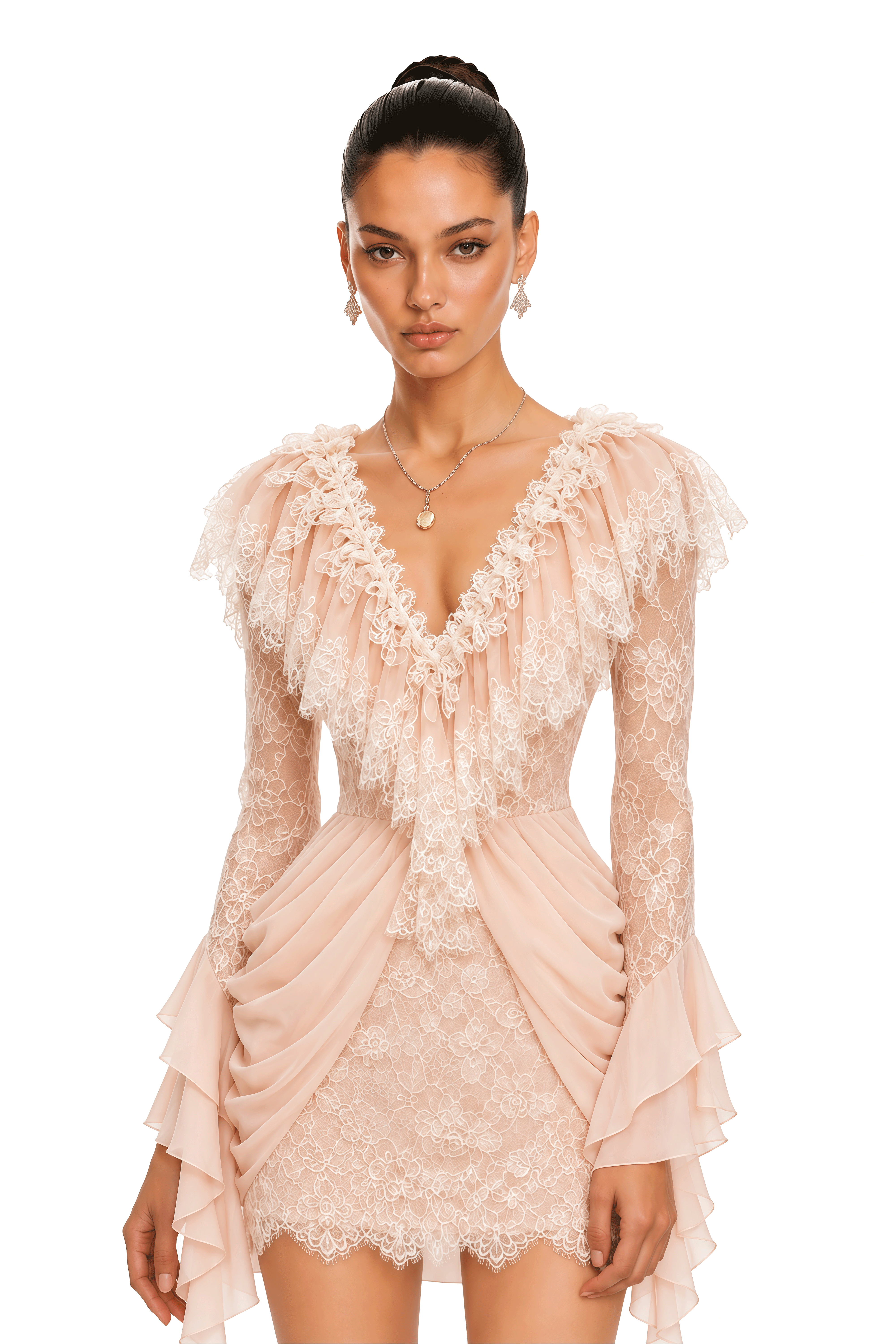 Cambria Neutral Lace Long Sleeve Draped Mini Dress