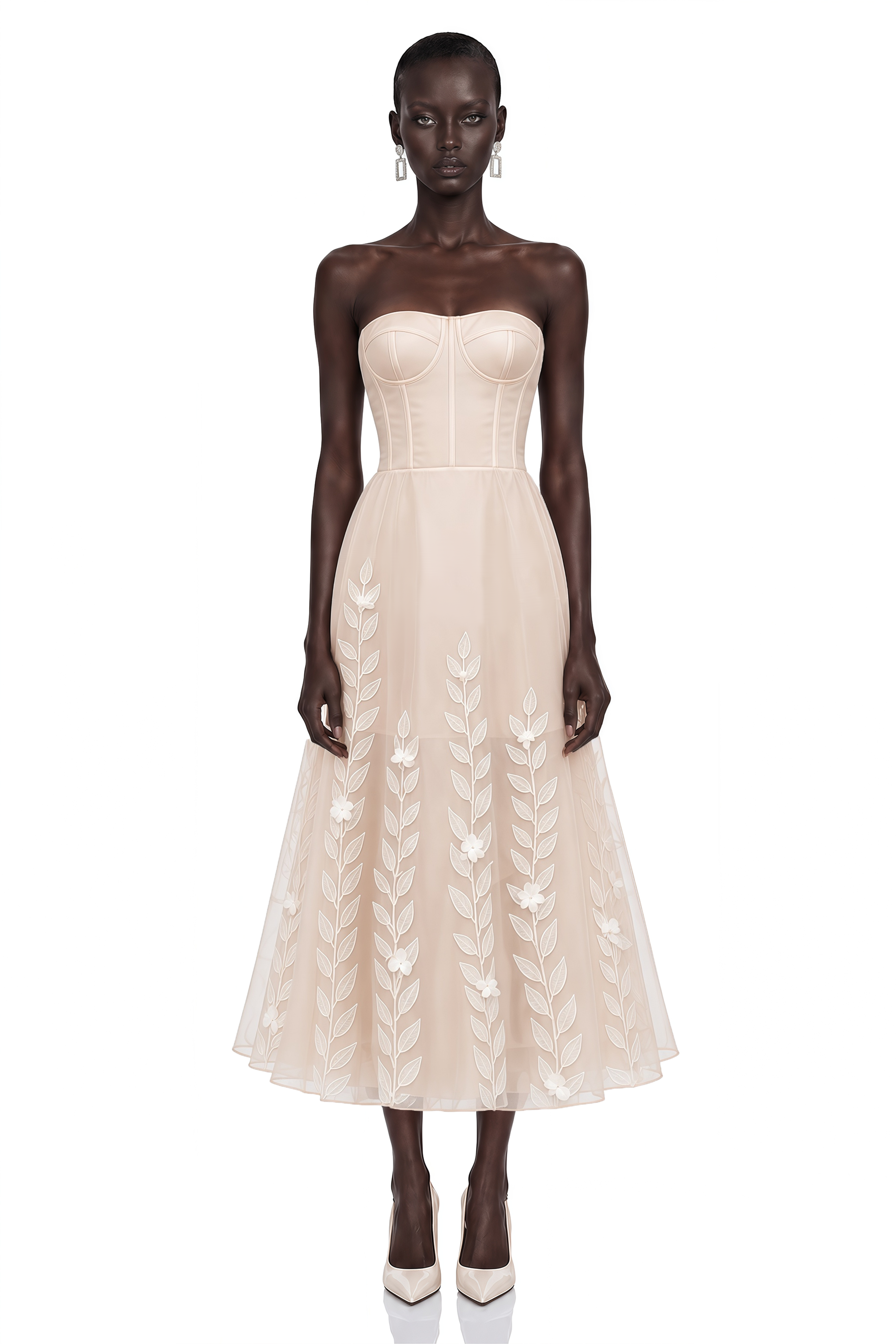 Camilla Neutral Strapless Floral Appliqué Midi Dress