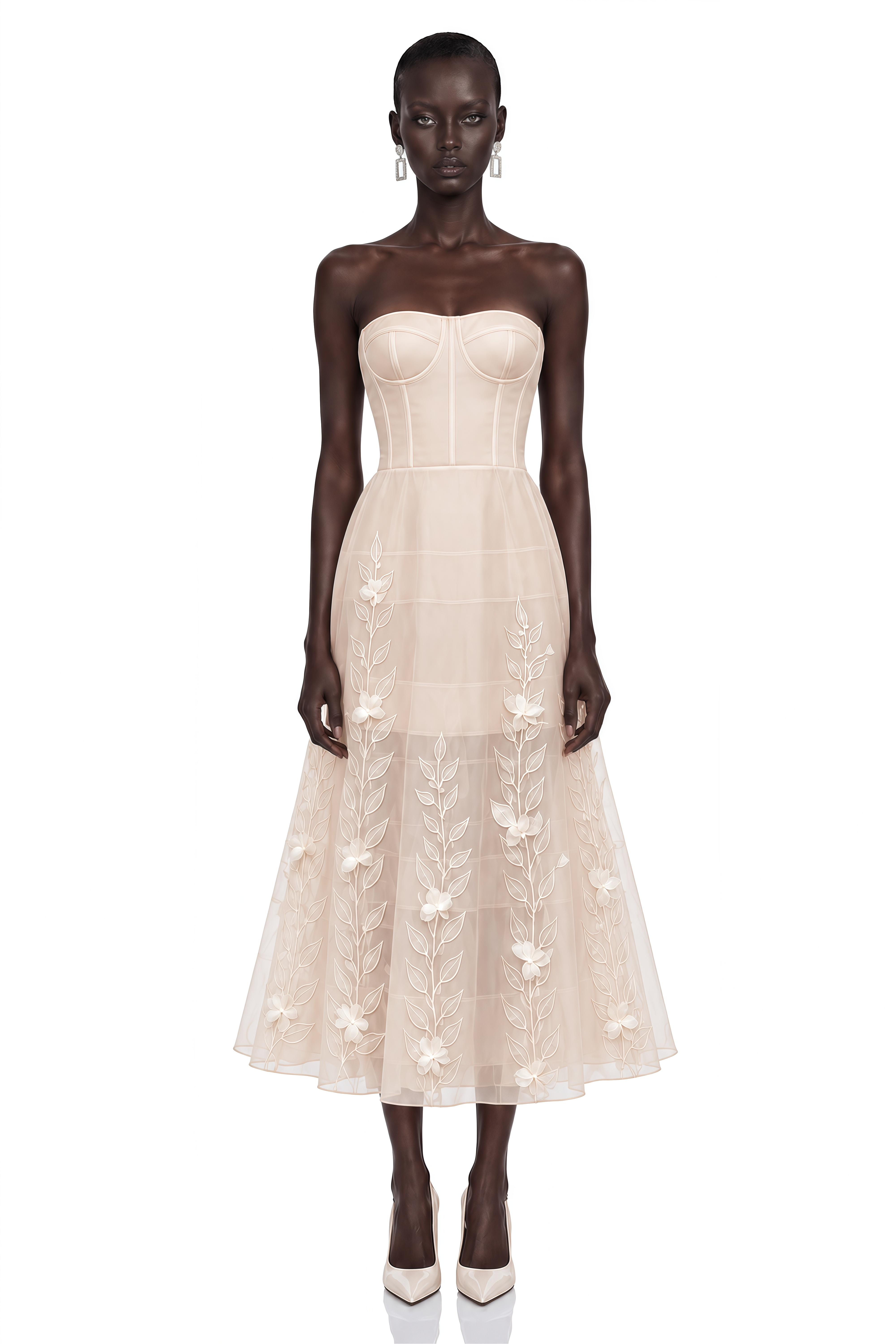 Camilla Neutral Strapless Floral Appliqué Midi Dress