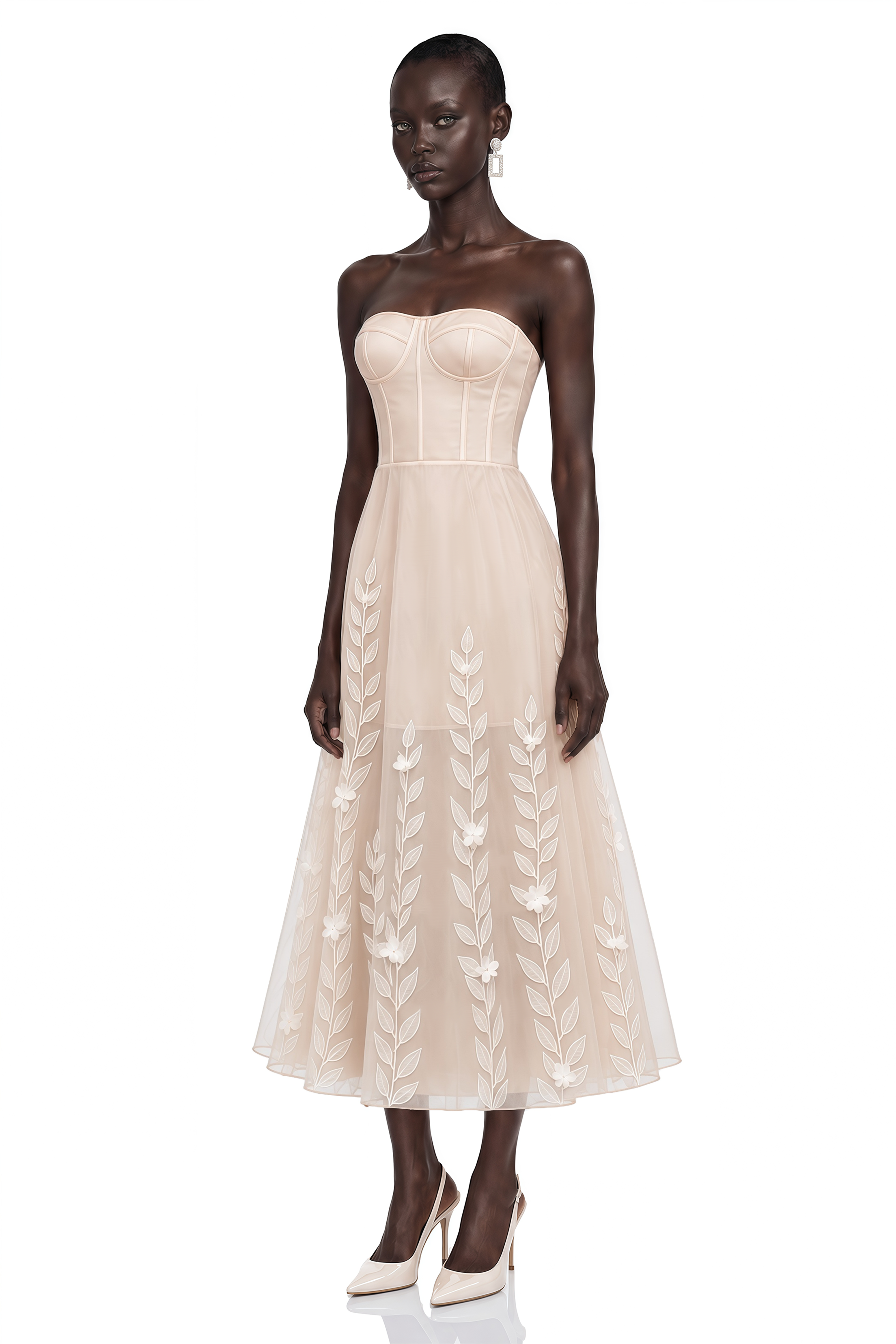 Camilla Neutral Strapless Floral Appliqué Midi Dress