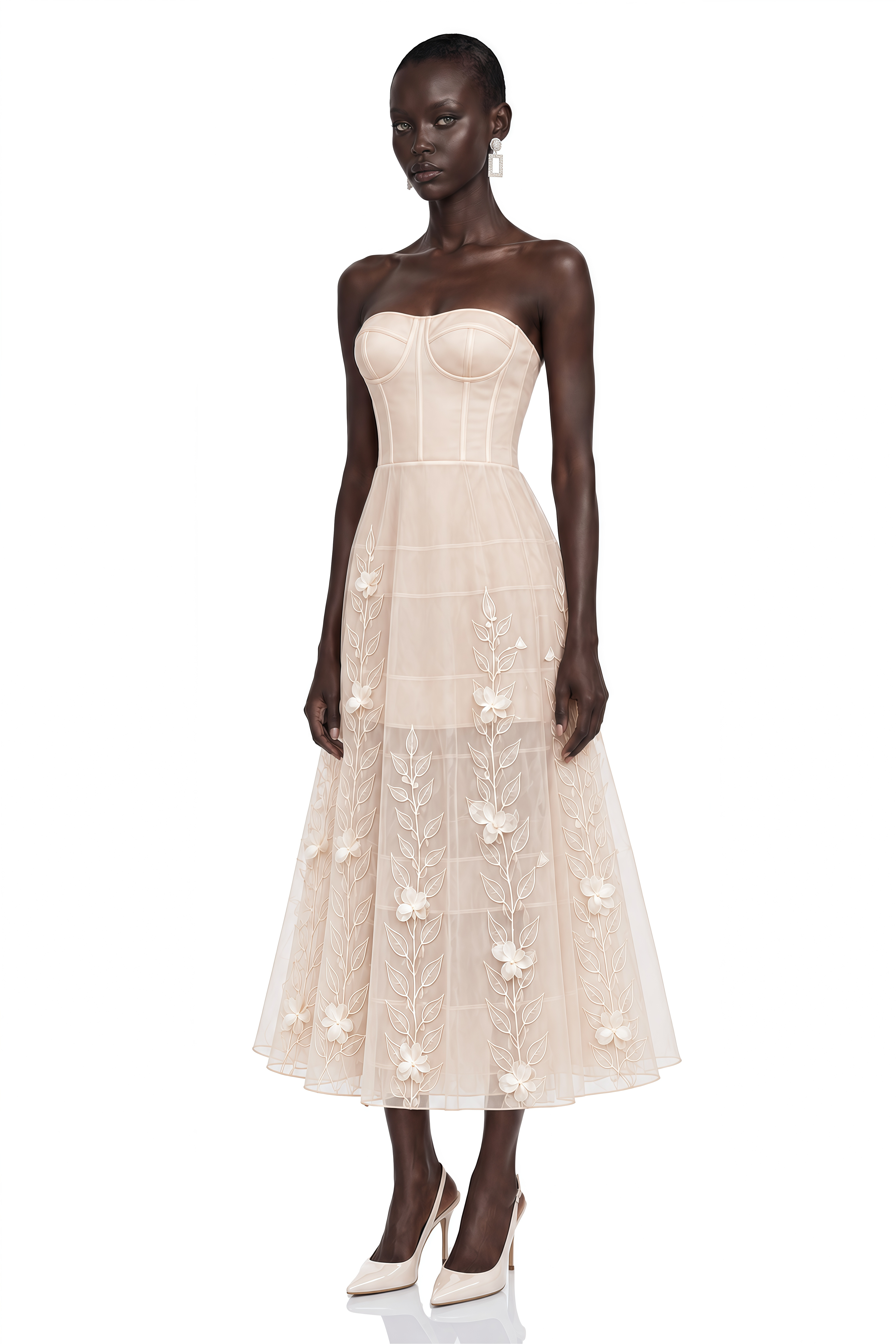 Camilla Neutral Strapless Floral Appliqué Midi Dress