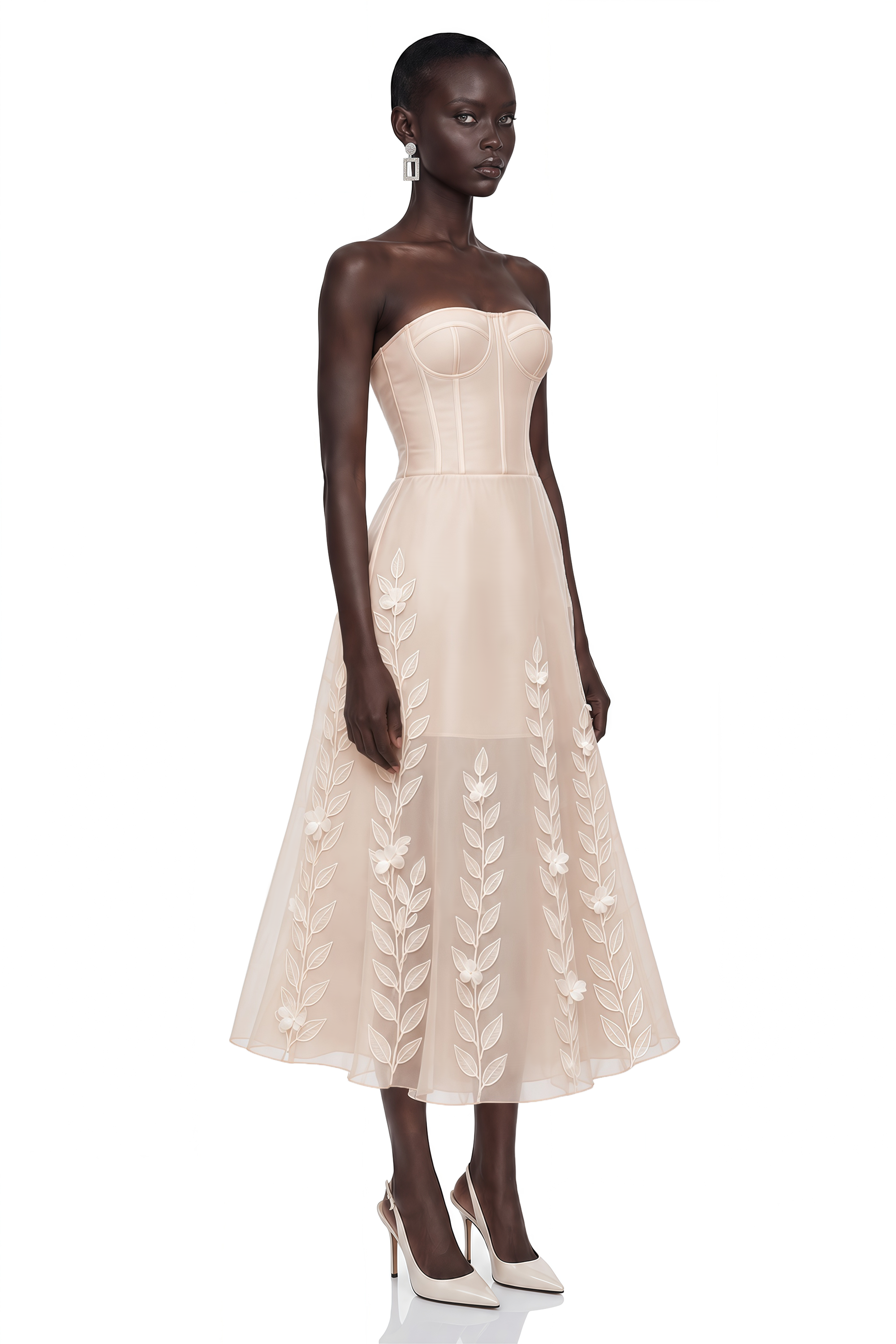Camilla Neutral Strapless Floral Appliqué Midi Dress