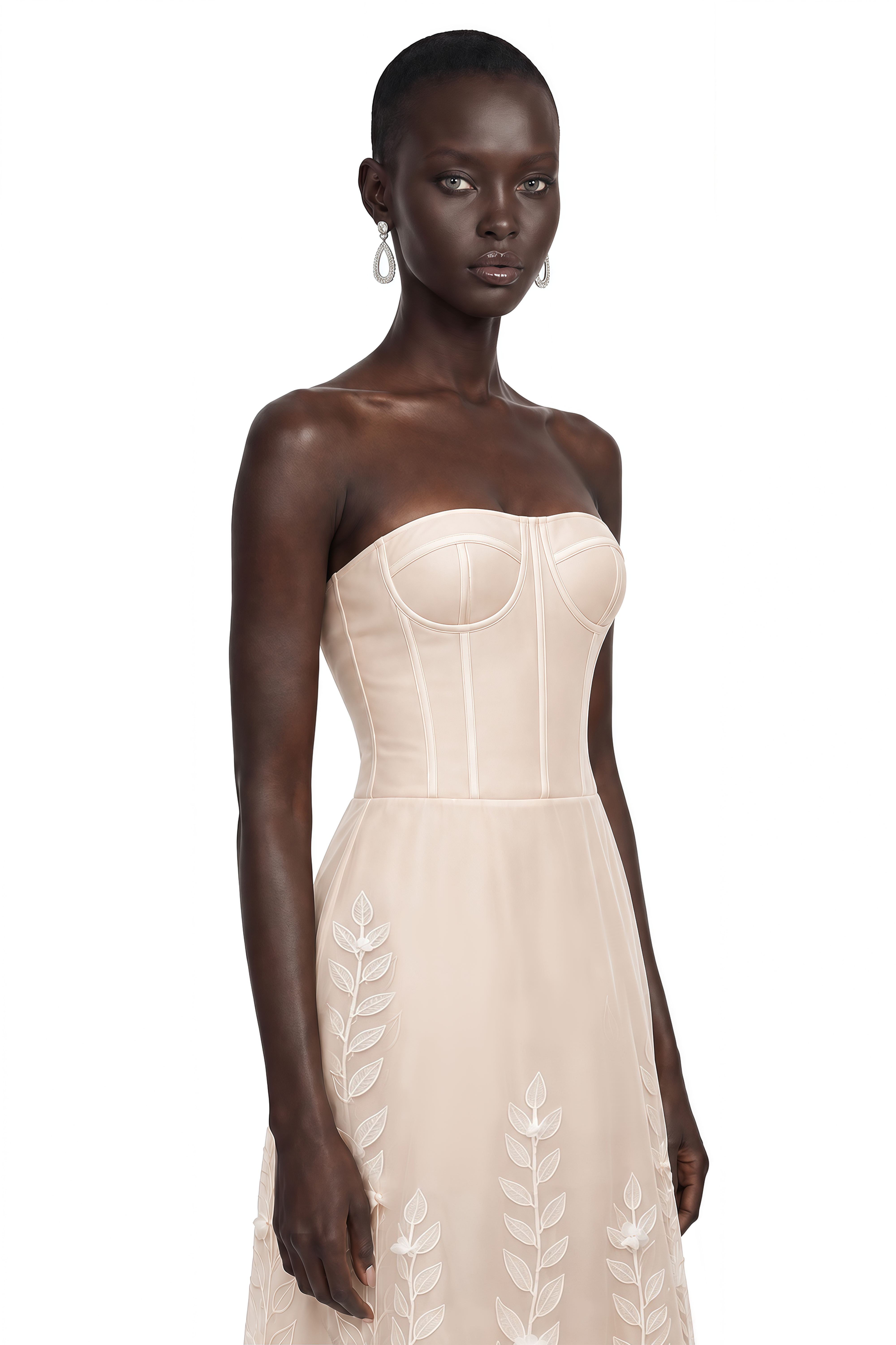 Camilla Neutral Strapless Floral Appliqué Midi Dress