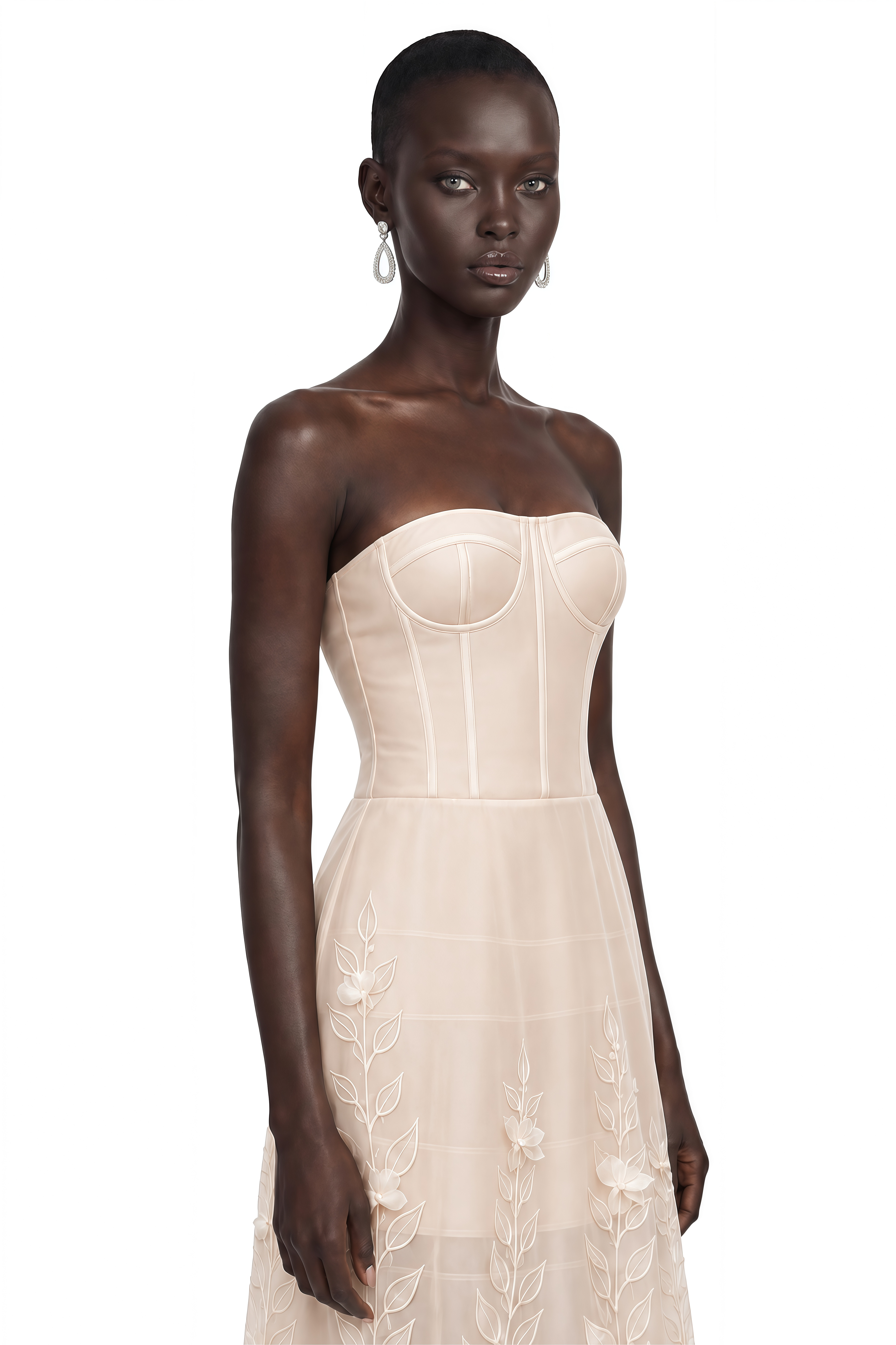 Camilla Neutral Strapless Floral Appliqué Midi Dress