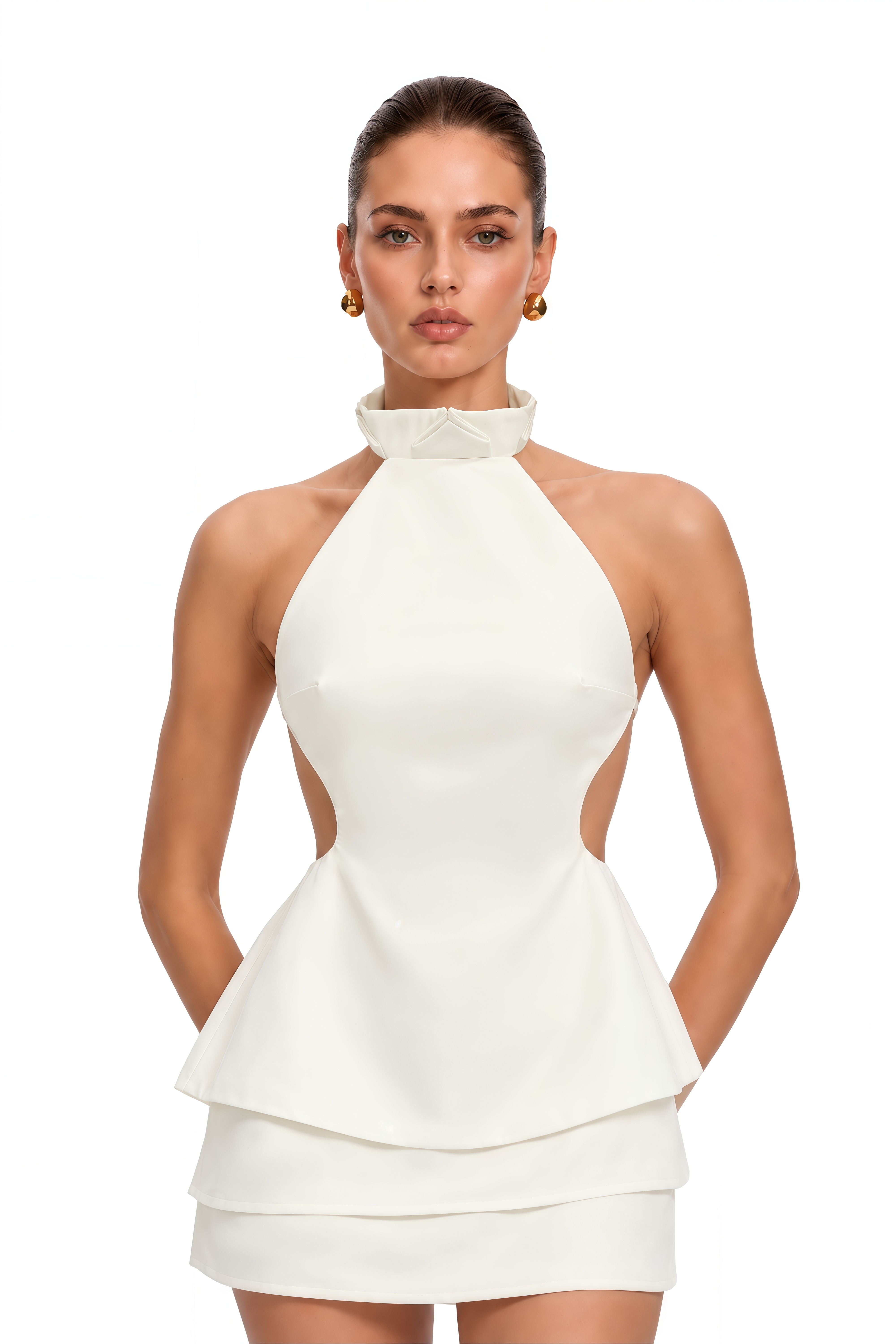 Camille Ivory Halter Peplum Top & Tiered Mini Skirt Set