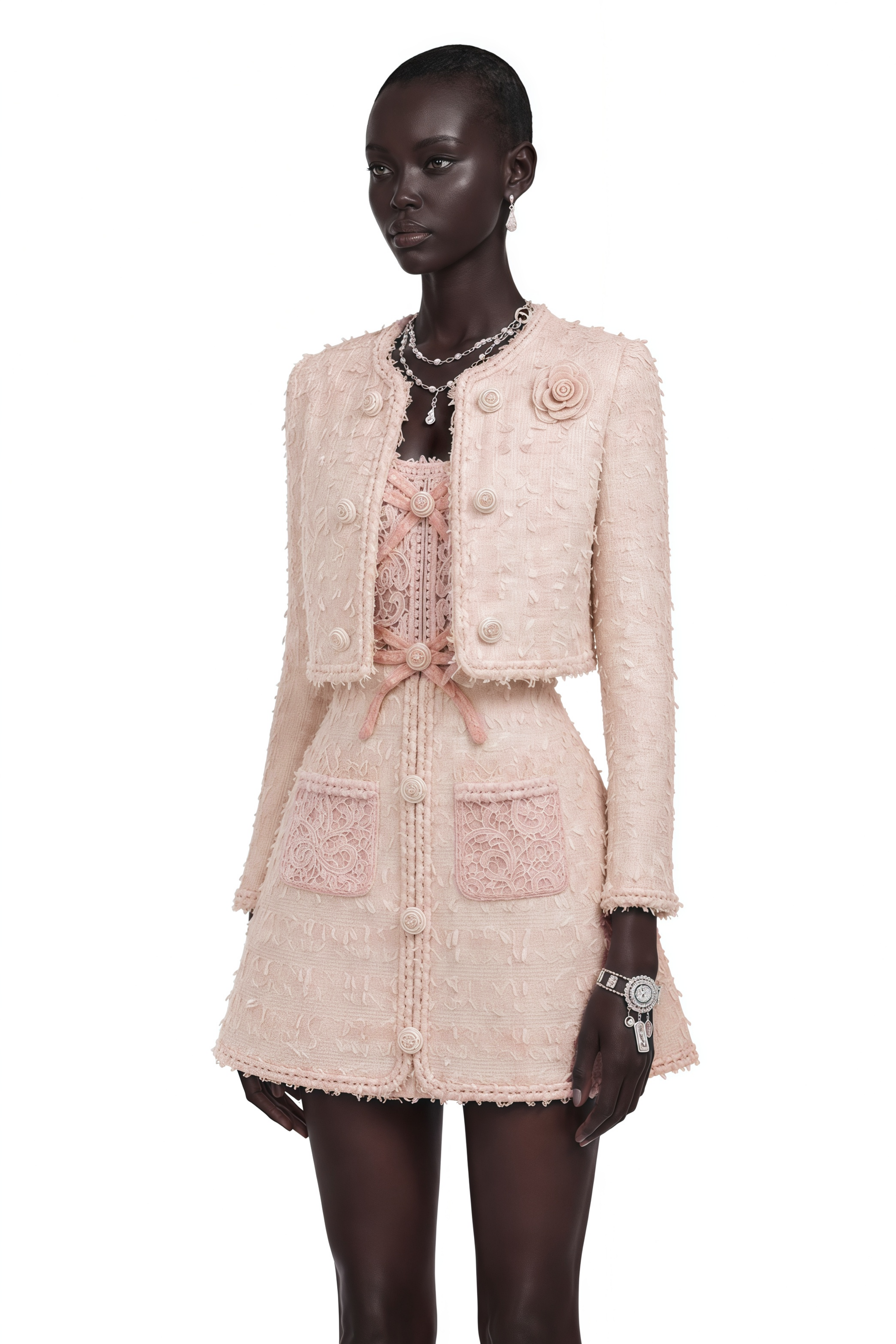 Camille Pink Tweed Jacket with 3D Floral & Lace Dress Set