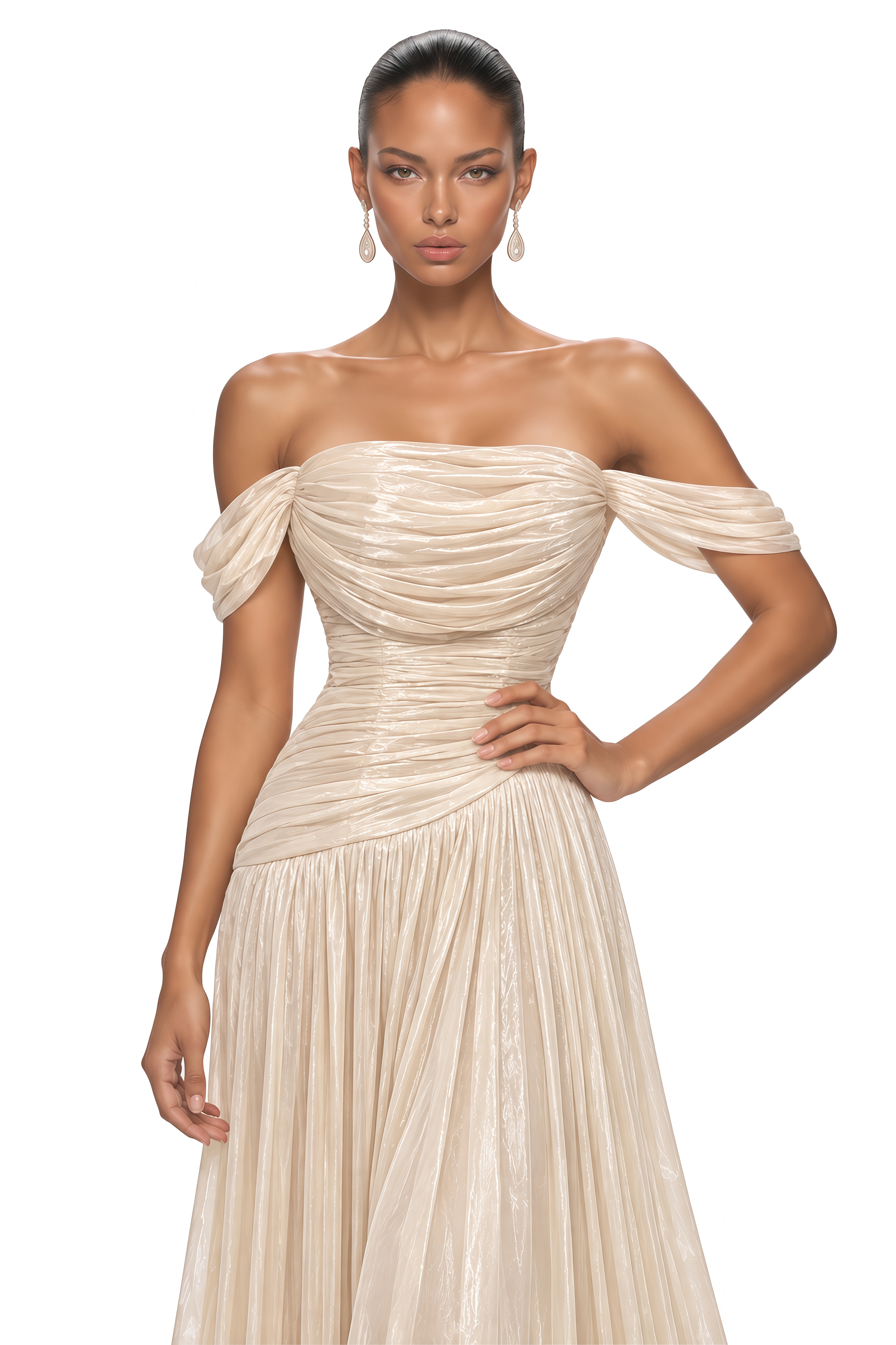 Campbell Neutral Off Shoulder Draped Pleated Maxi Dress