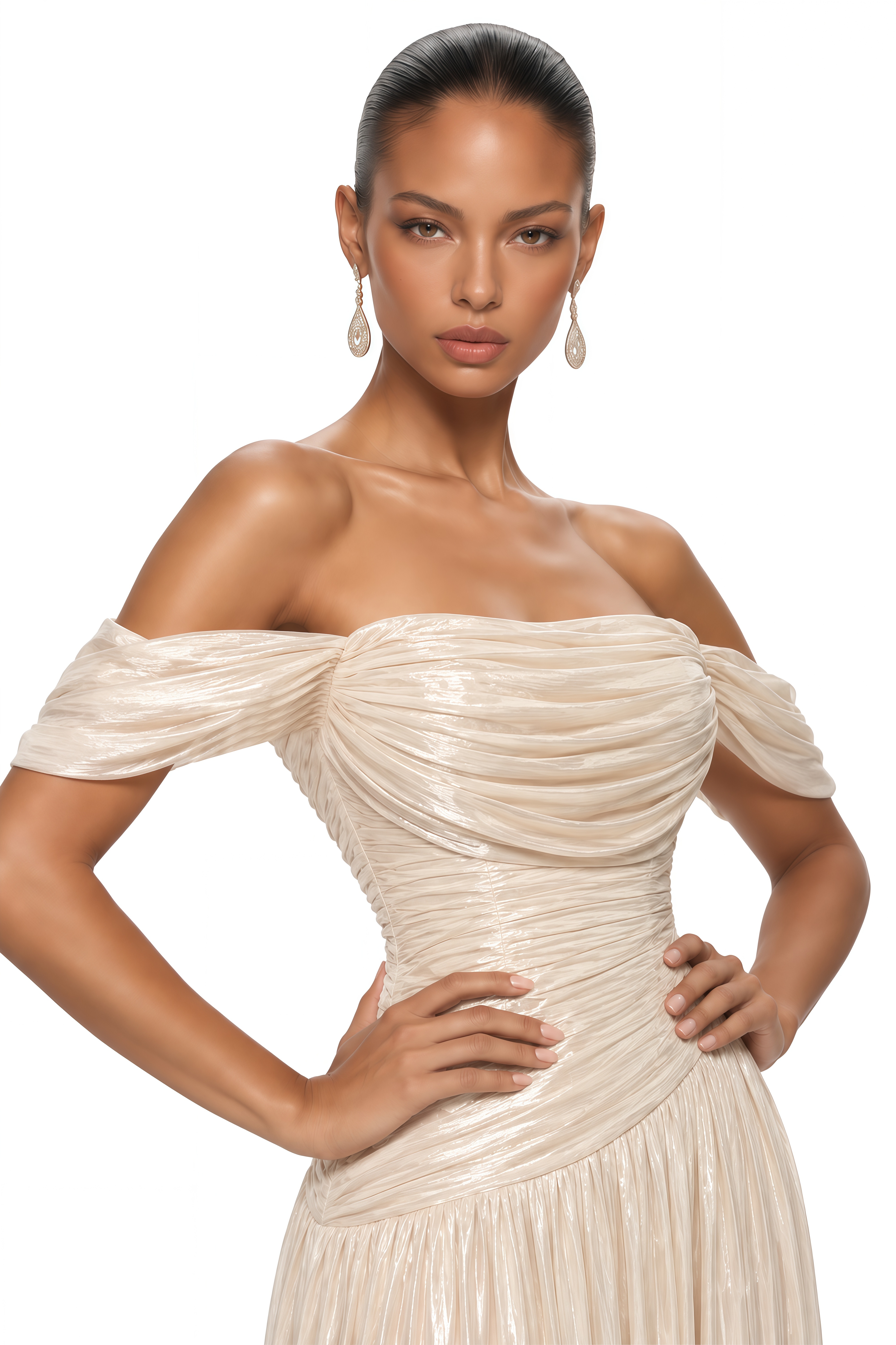 Campbell Neutral Off Shoulder Draped Pleated Maxi Dress