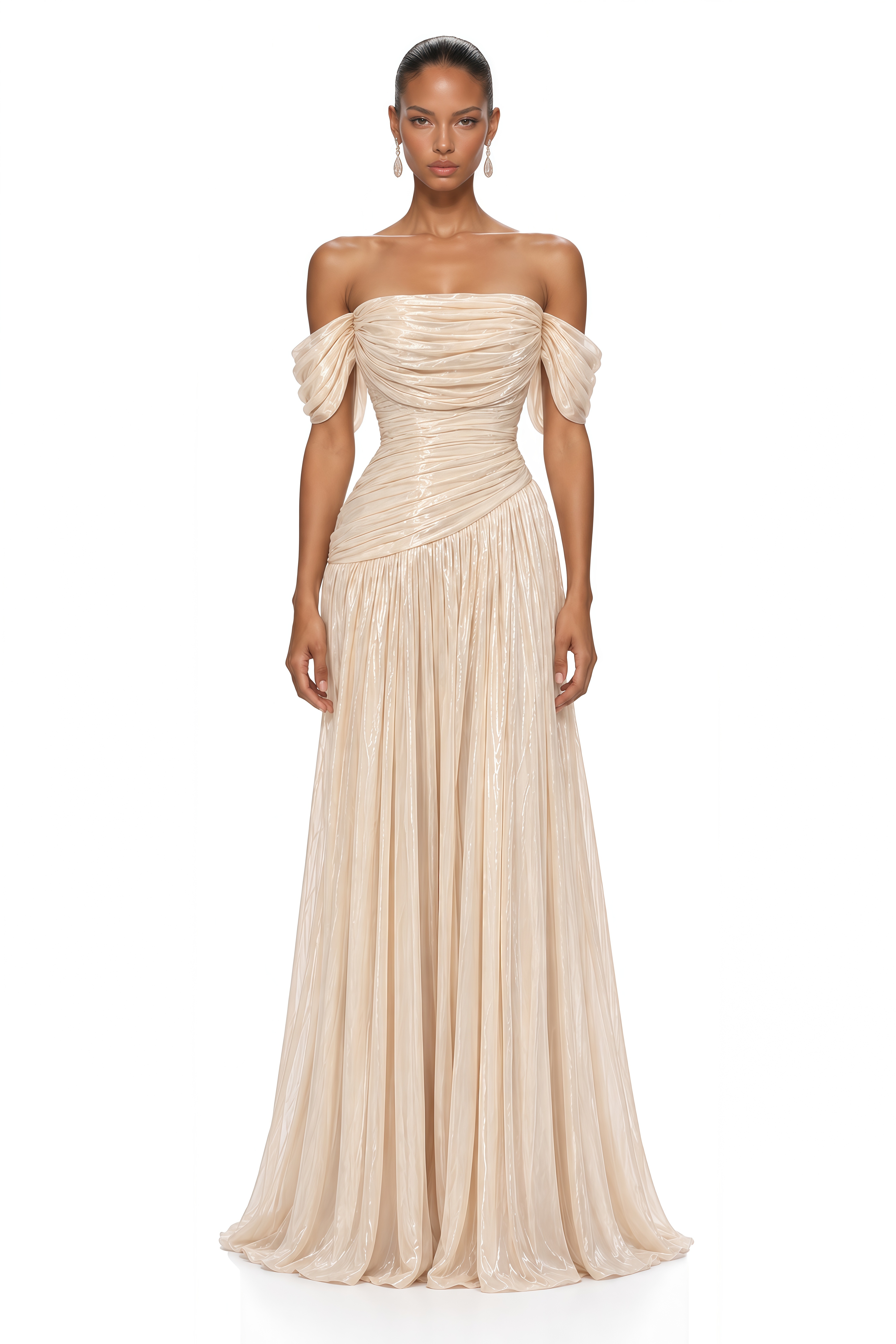 Campbell Neutral Off Shoulder Draped Pleated Maxi Dress