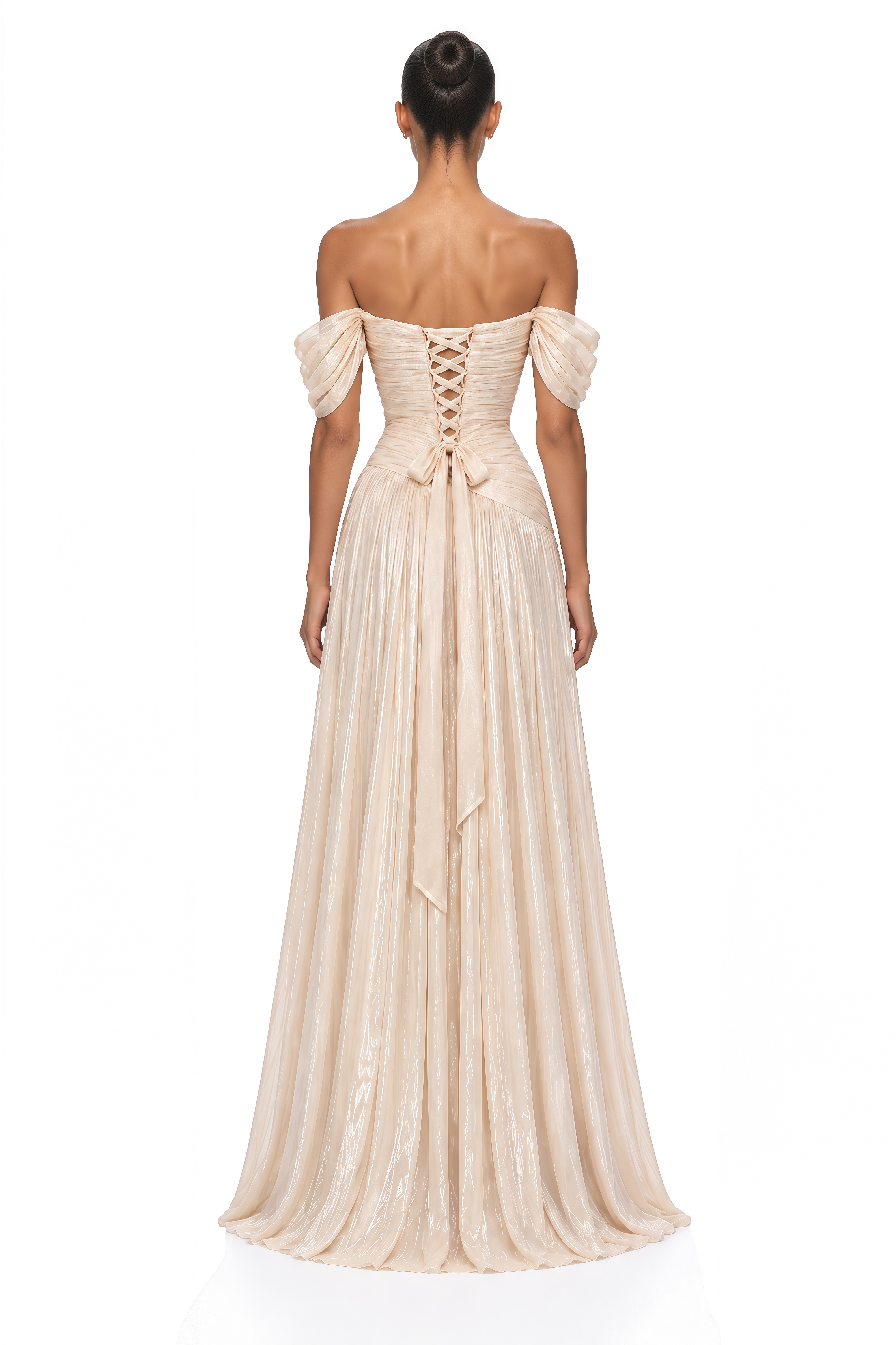 Campbell Neutral Off Shoulder Draped Pleated Maxi Dress