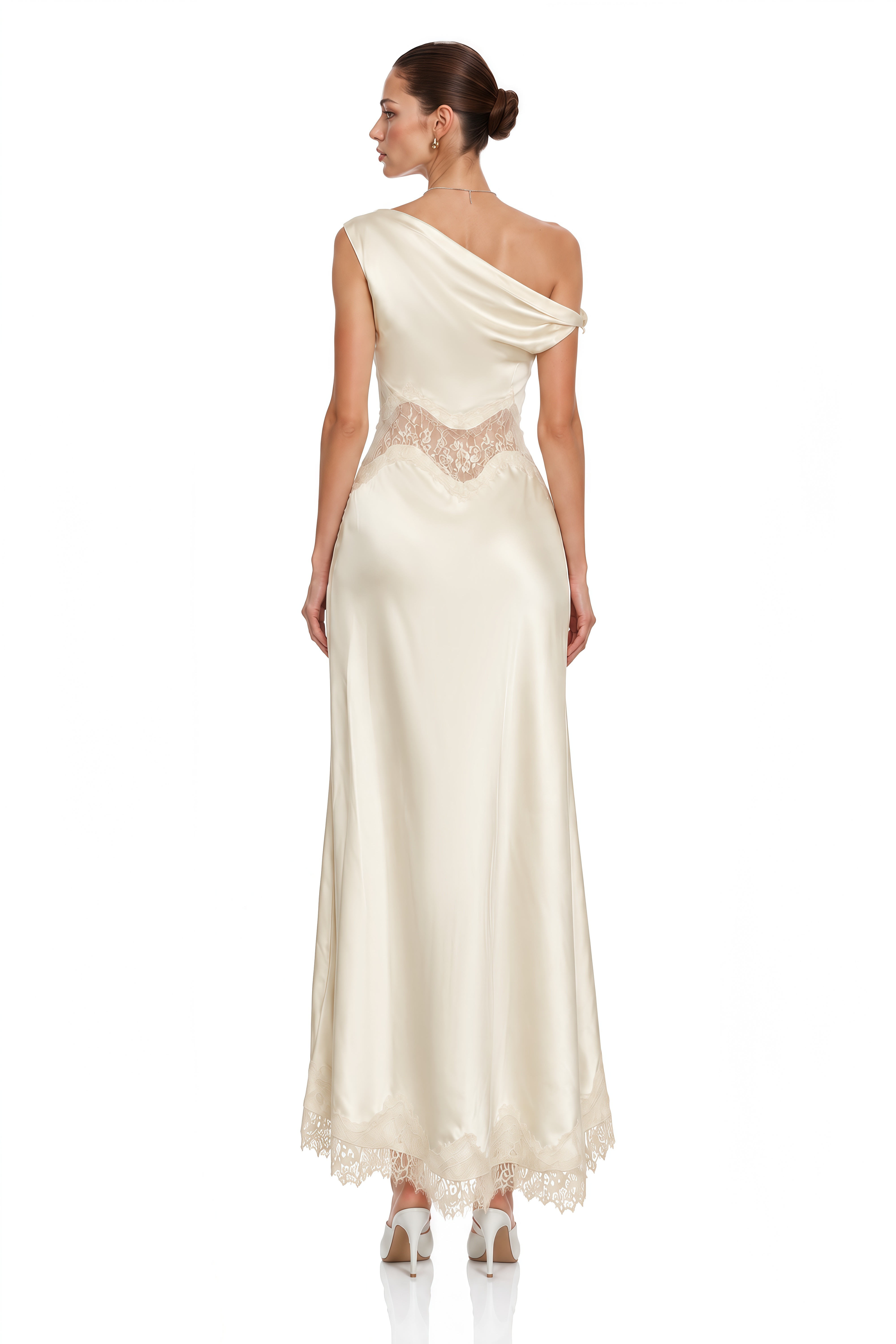 Capucine Ivory Lace Panel One Shoulder Maxi Dress