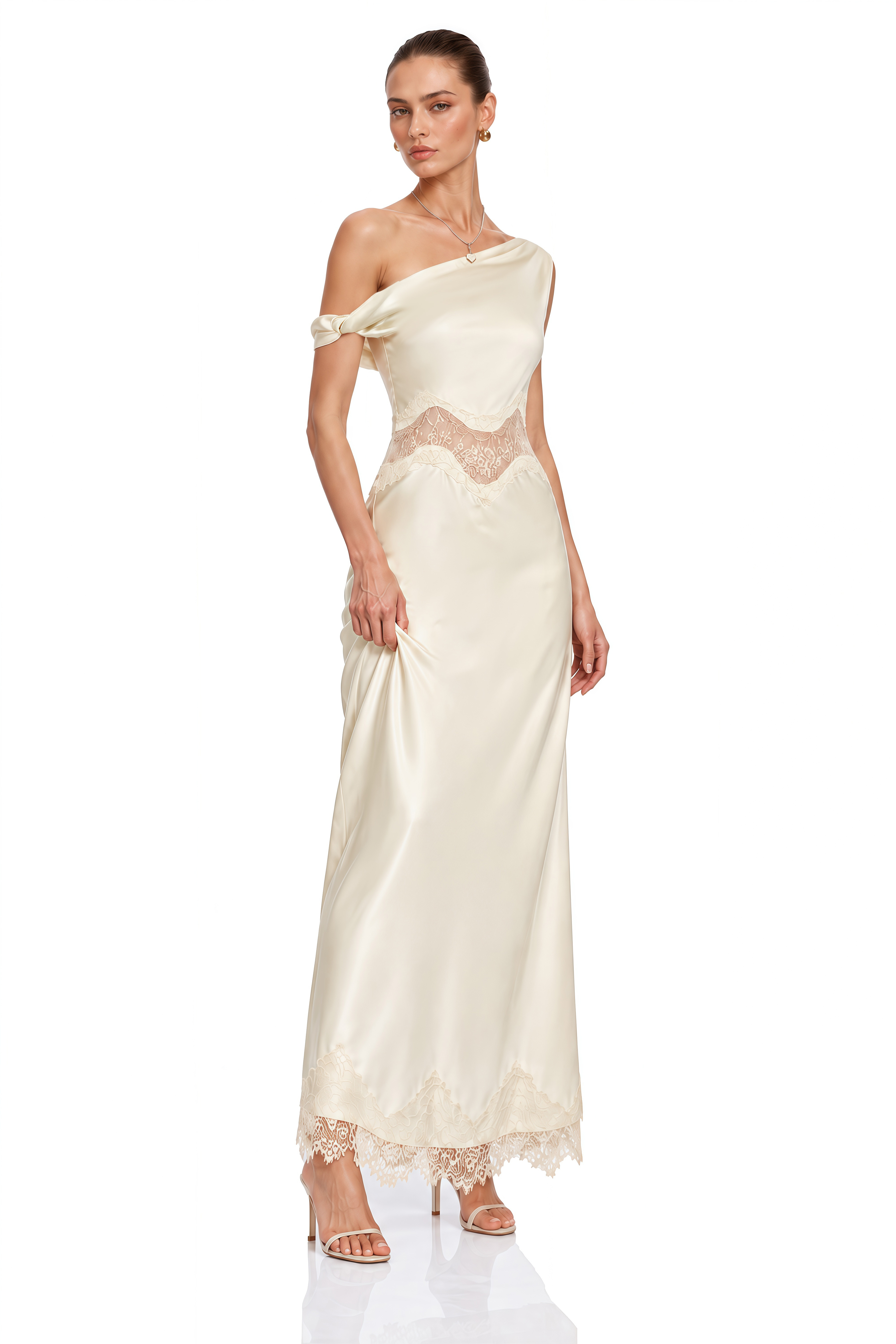 Capucine Ivory Lace Panel One Shoulder Maxi Dress