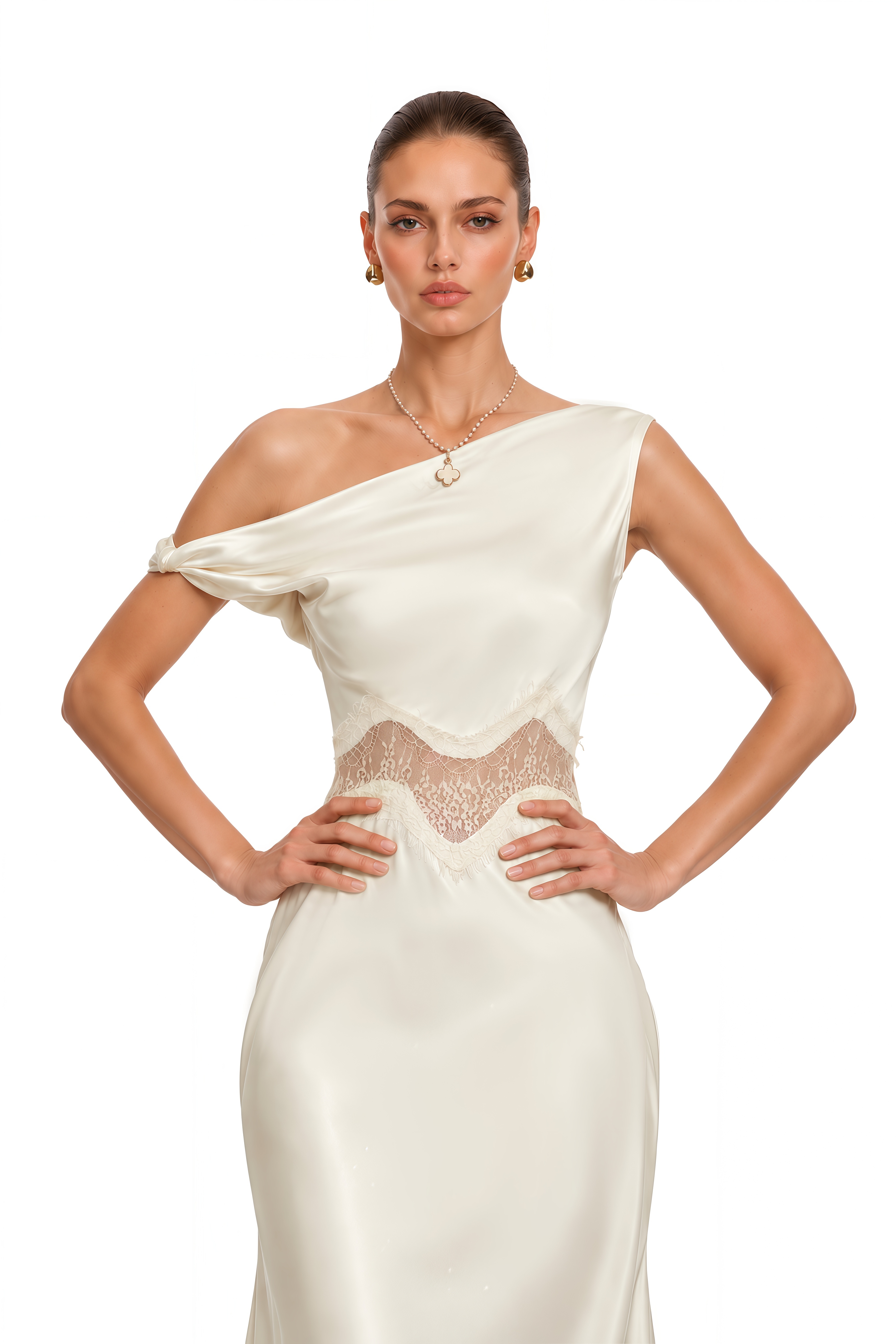 Capucine Ivory Lace Panel One Shoulder Maxi Dress