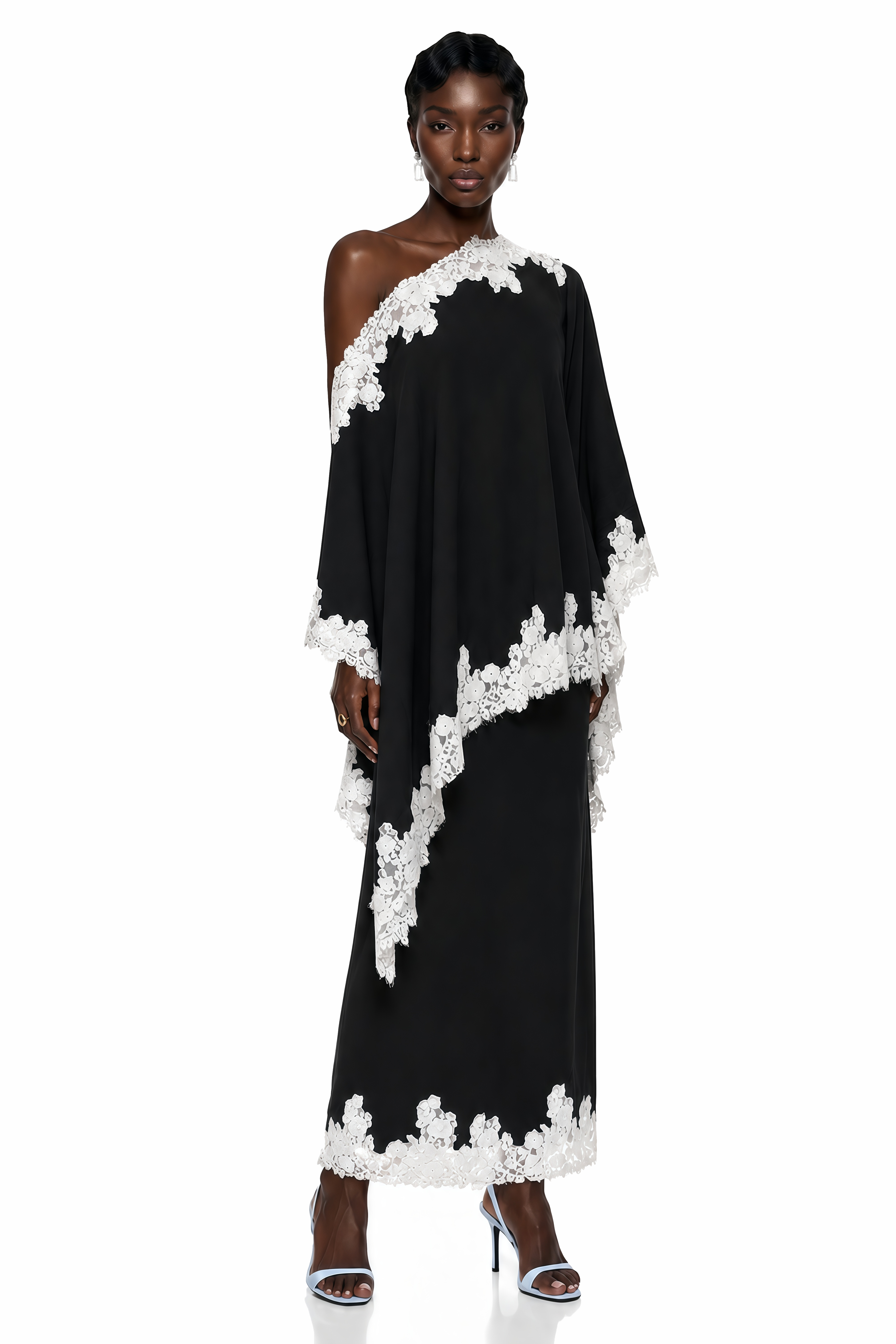 Carlota Black Cape & Skirt Set with Lace Trim