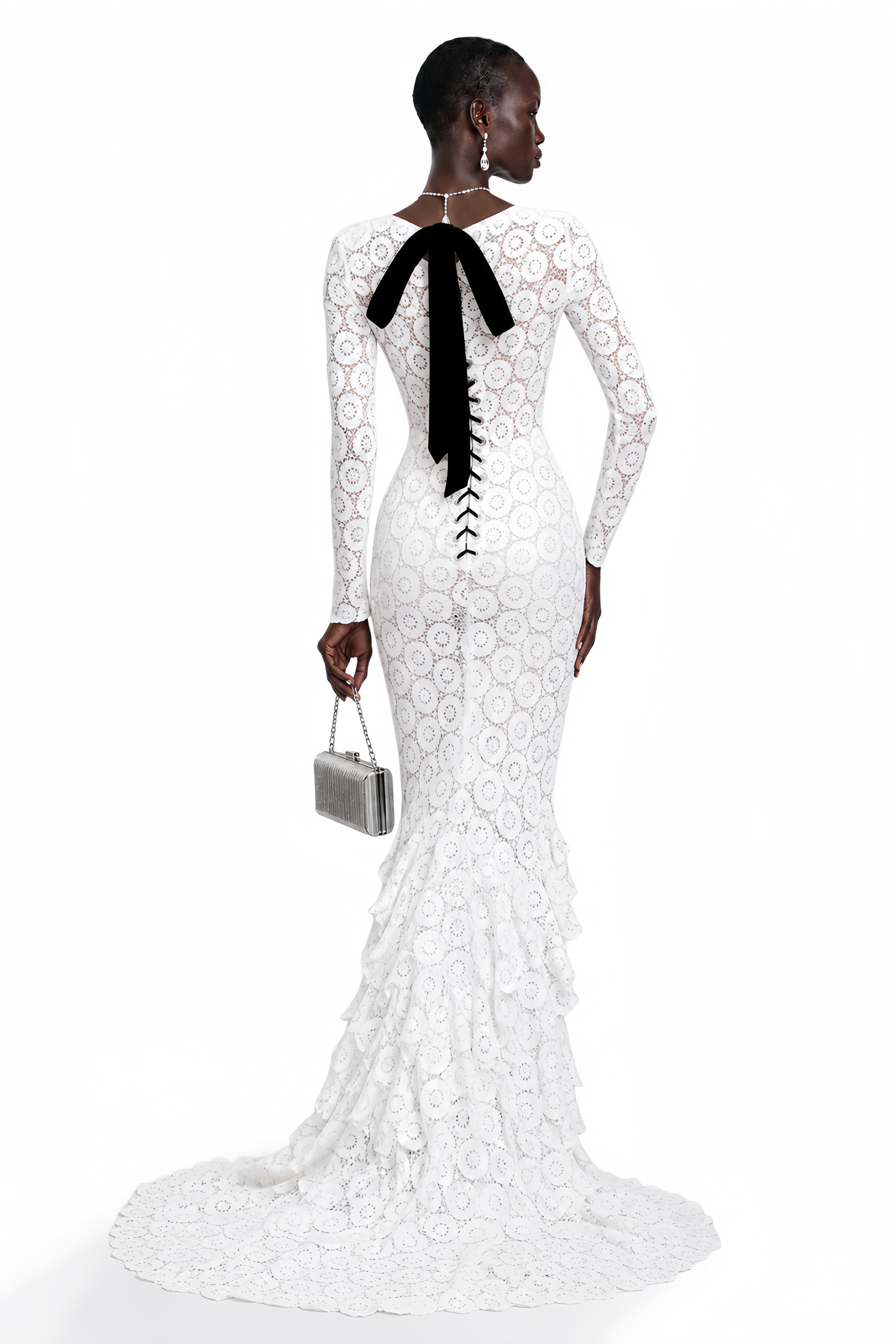 bodycon lace maxi dress Cass White V-Neck back Fit