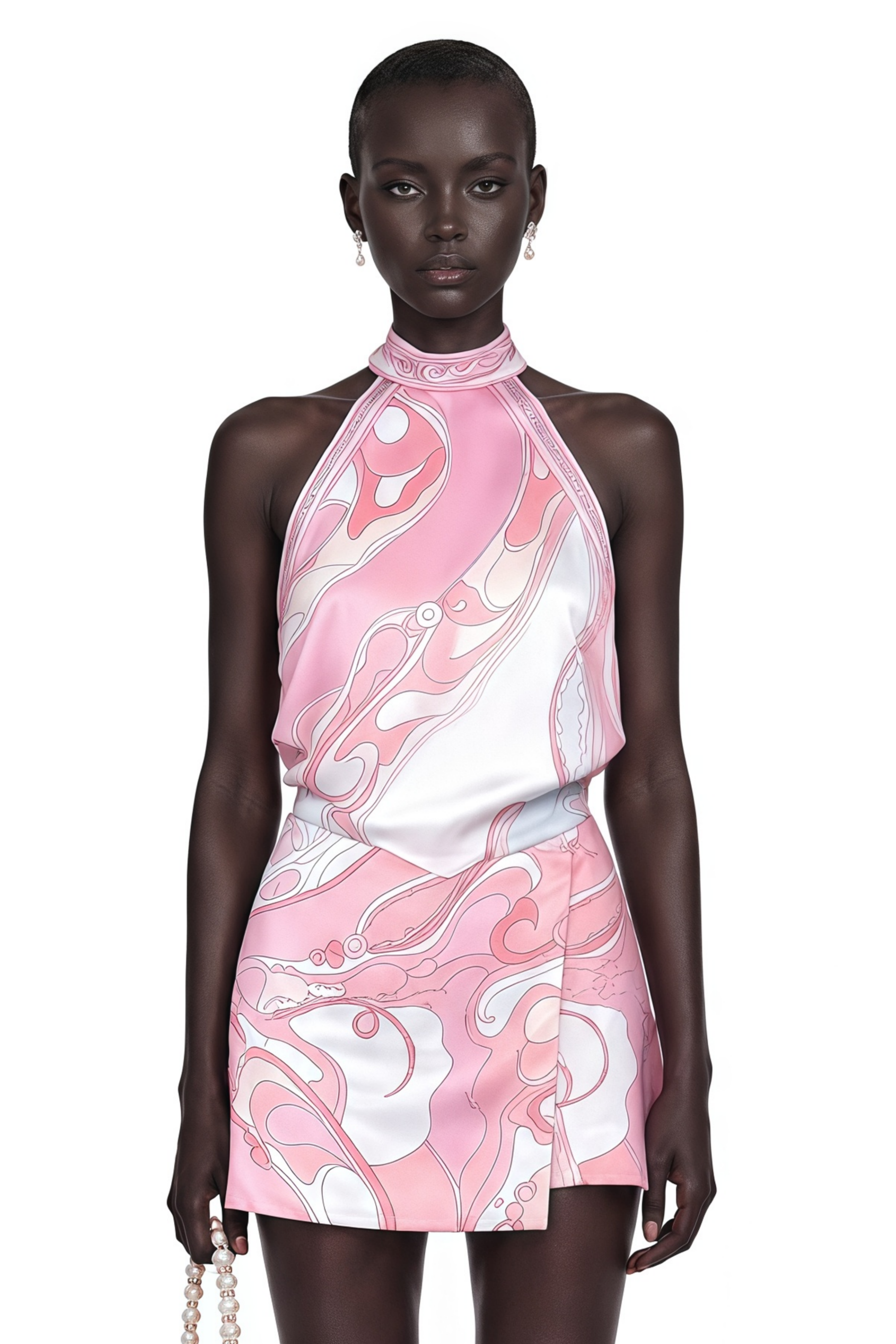 Pink printed high-neck halter mini dress with wrap skirt