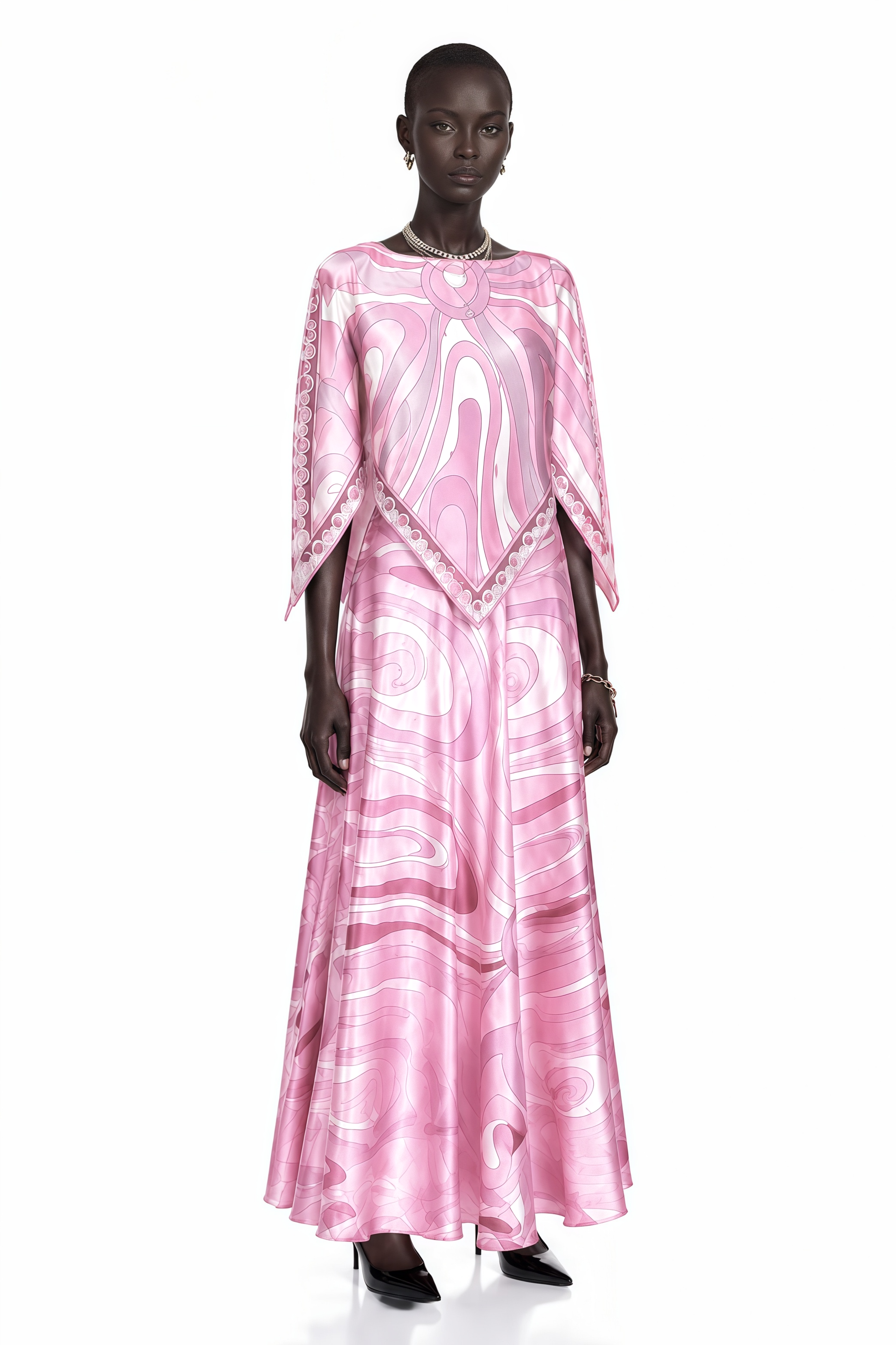Cassia Pink Printed Cape Top & Maxi Skirt Set
