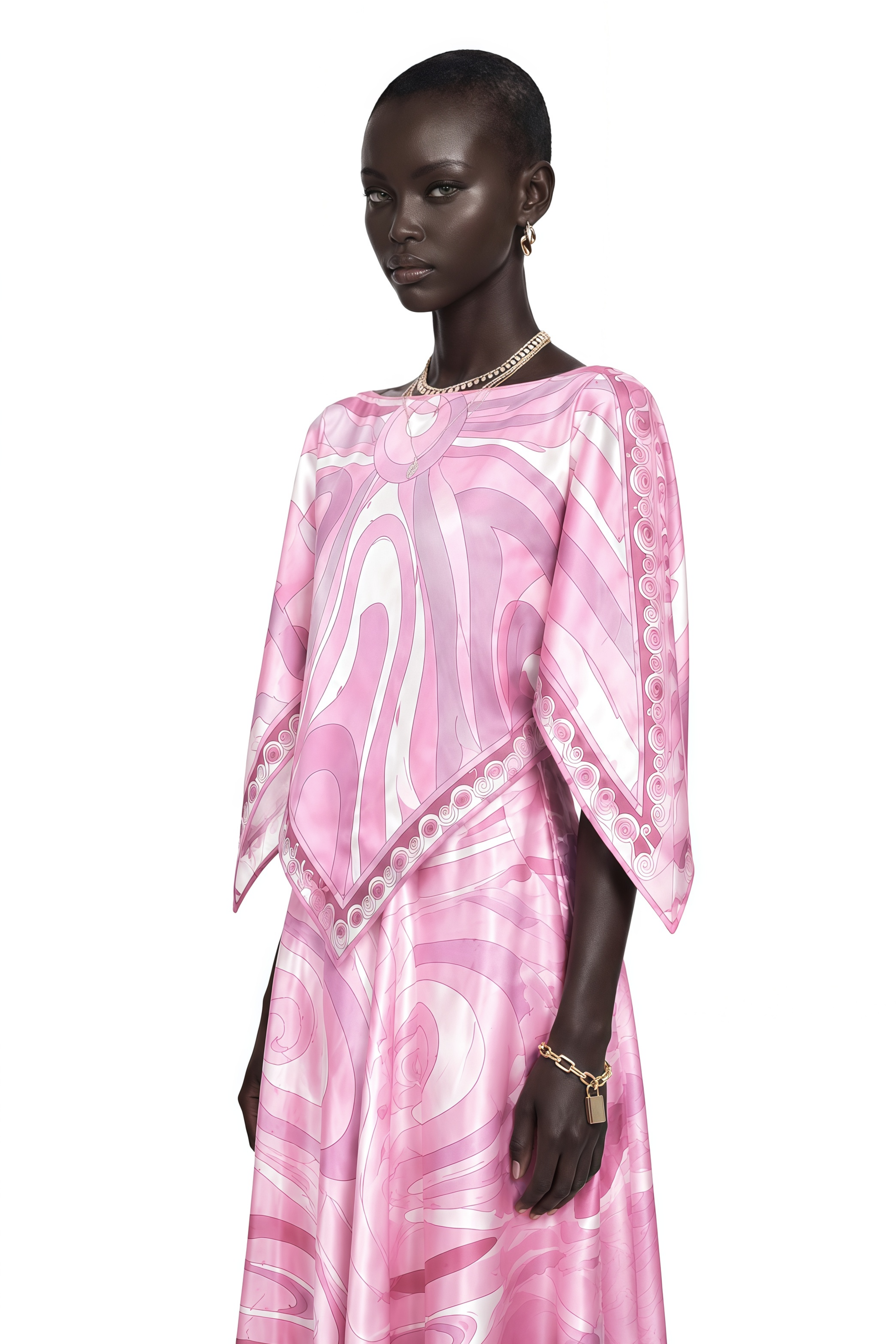 Cassia Pink Printed Cape Top & Maxi Skirt Set