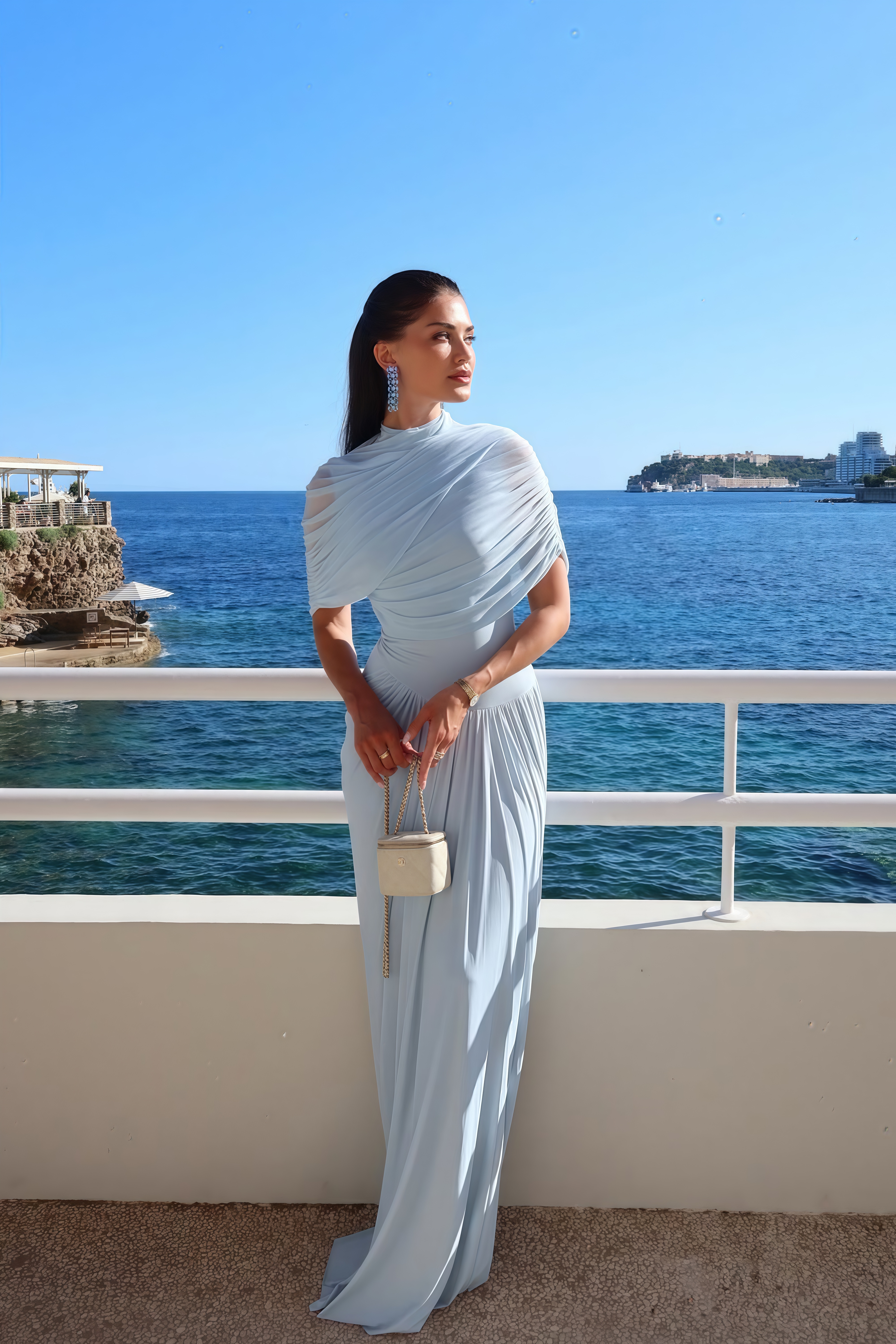 Catherine asymmetrical pleated maxi dress in Baby-blue