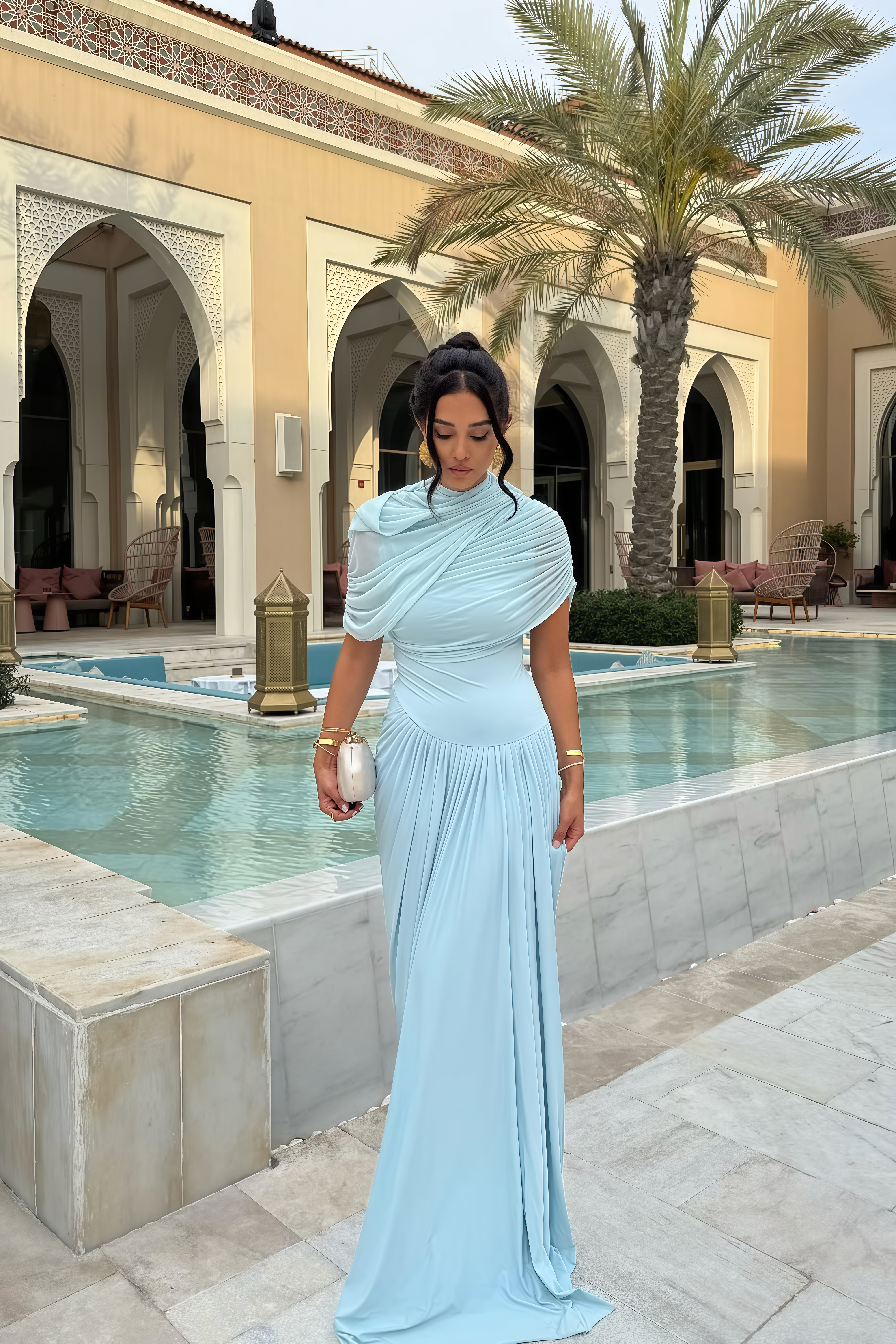 Catherine asymmetrical pleated maxi dress in Baby-blue