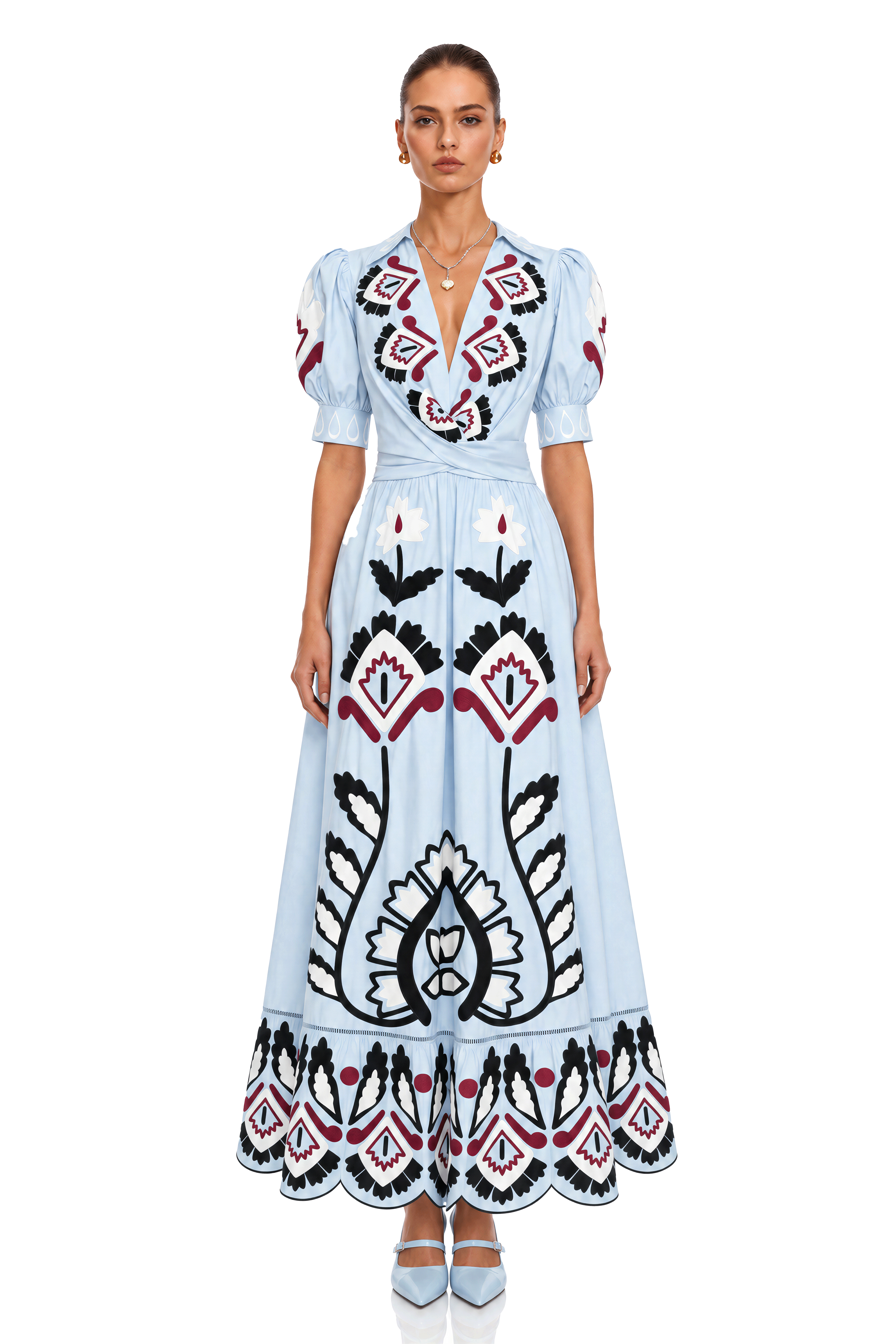 Catrina Blue Printed Collared Short Sleeve Maxi Dress