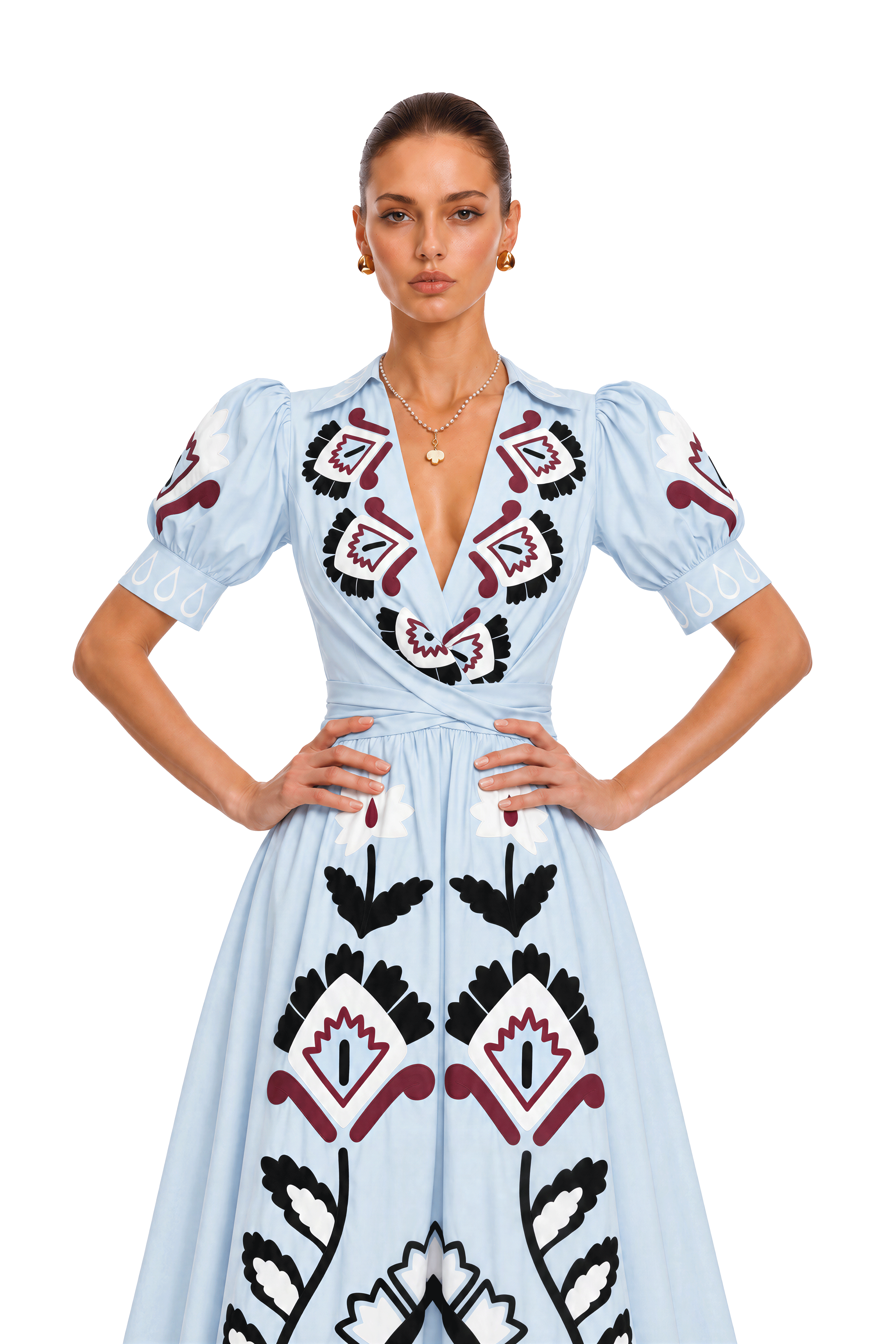 Catrina Blue Printed Collared Short Sleeve Maxi Dress