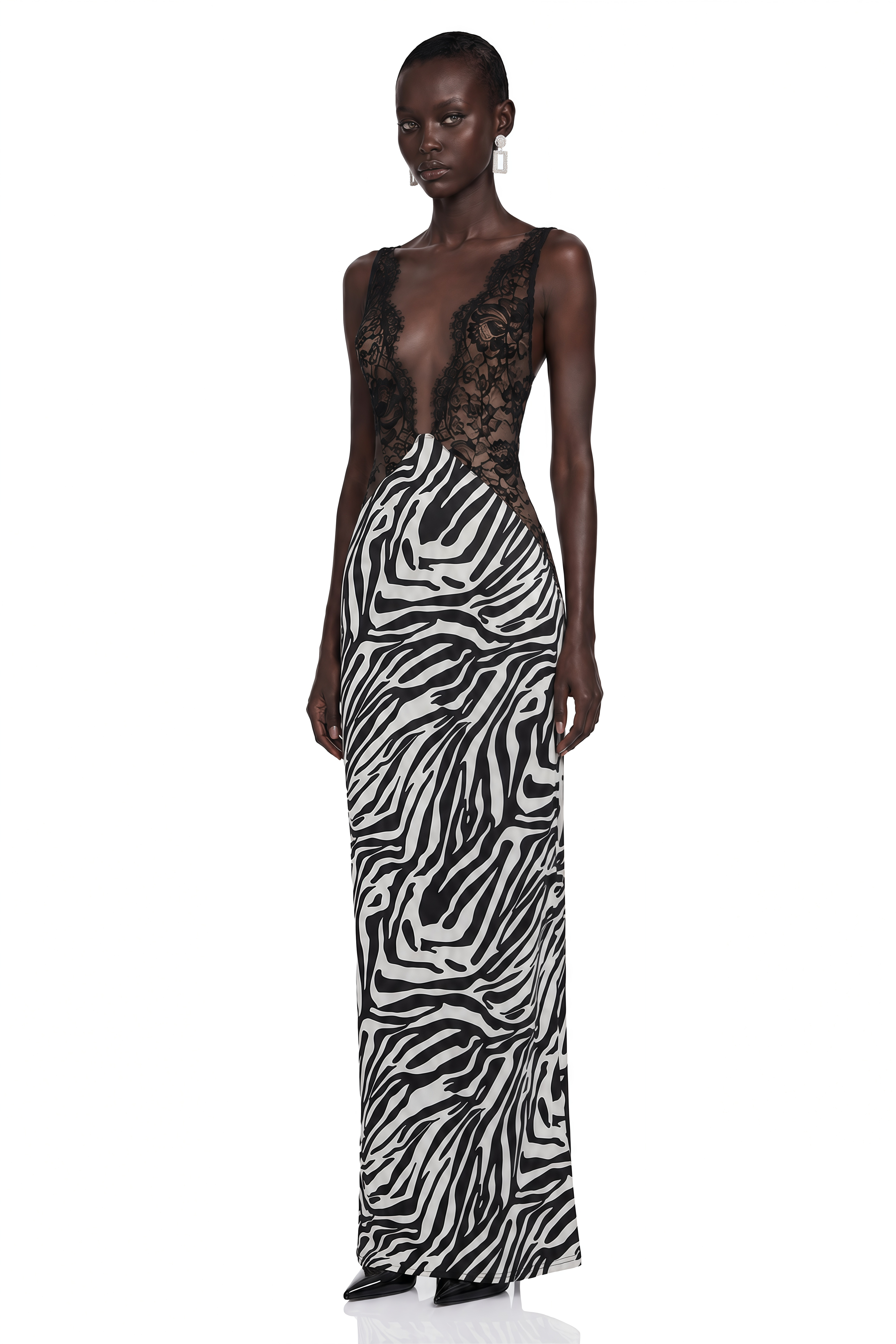 Catriona Black Zebra Print Lace Maxi Dress