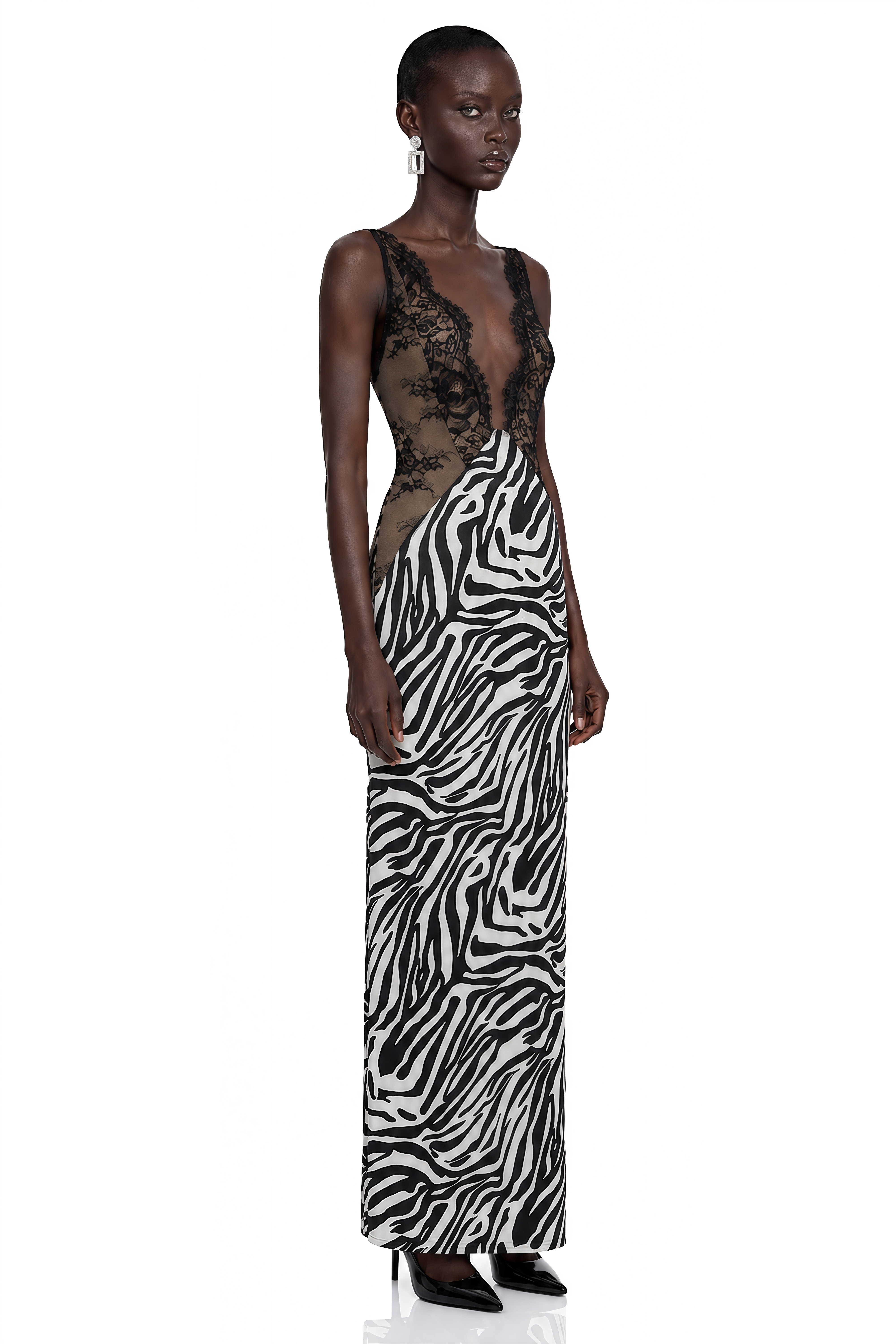 Catriona Black Zebra Print Lace Maxi Dress