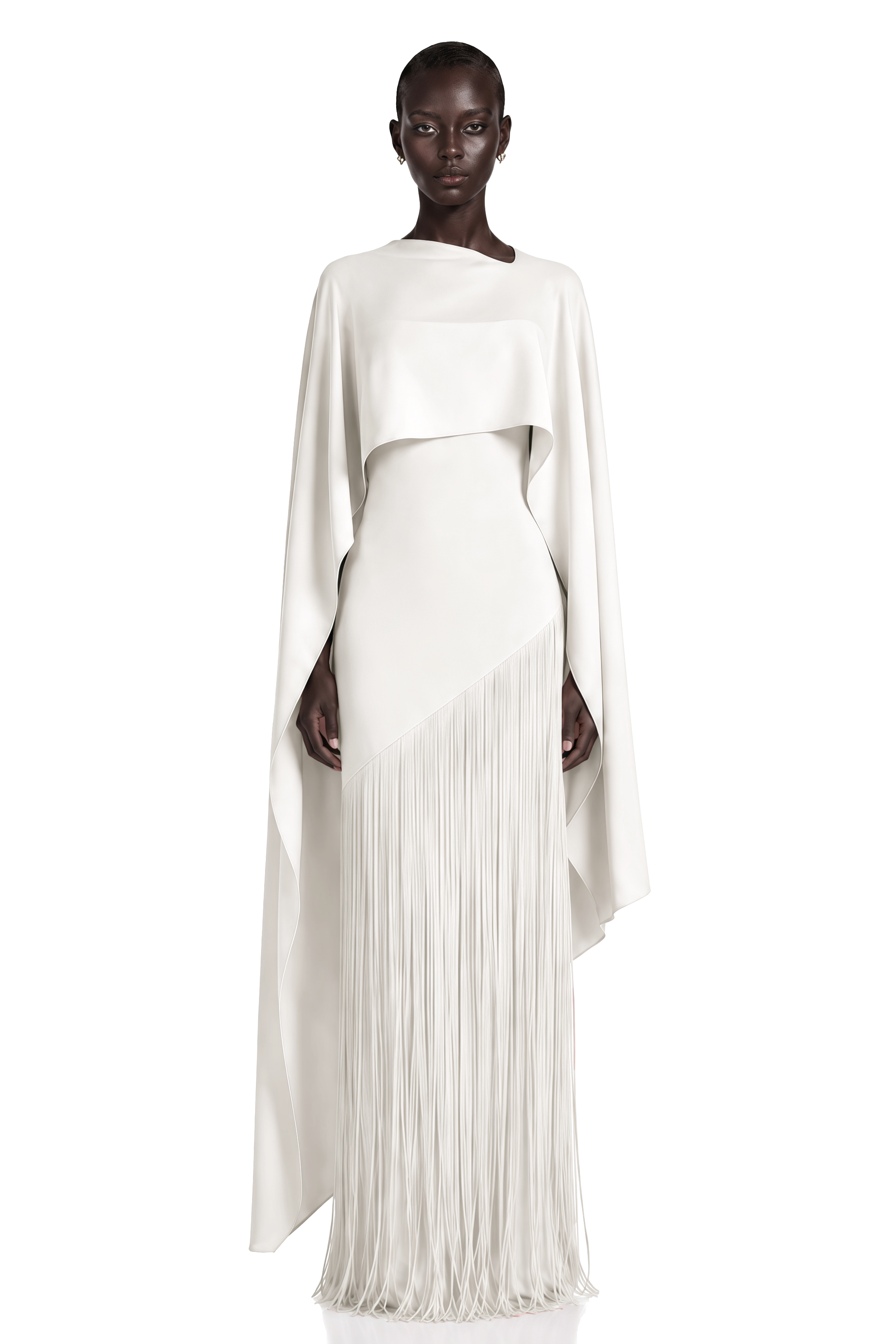 Cayetana White Fringe Maxi Dress with Cape Effect