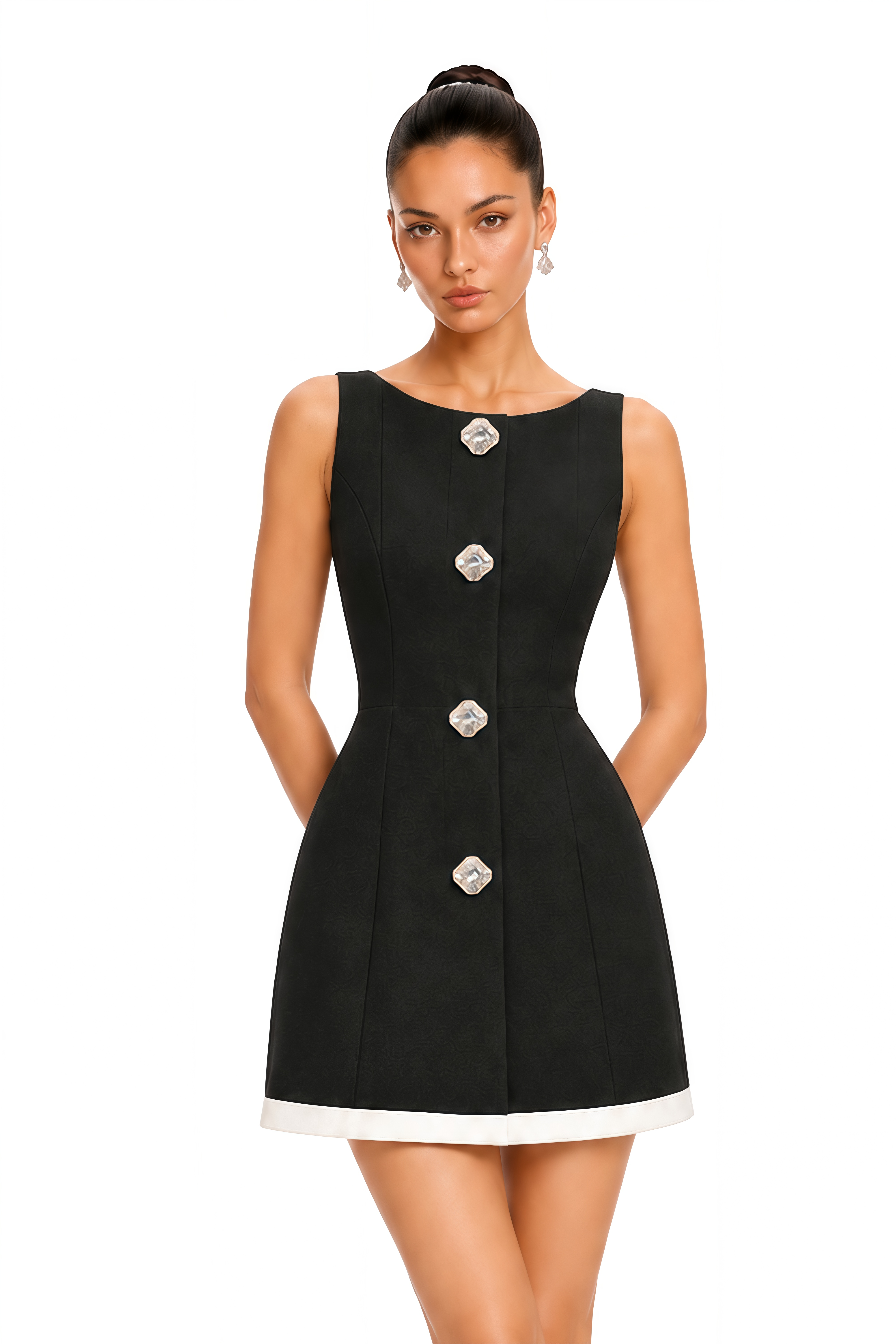 Celandine Black Crystal Button Contrast Trim Mini Dress