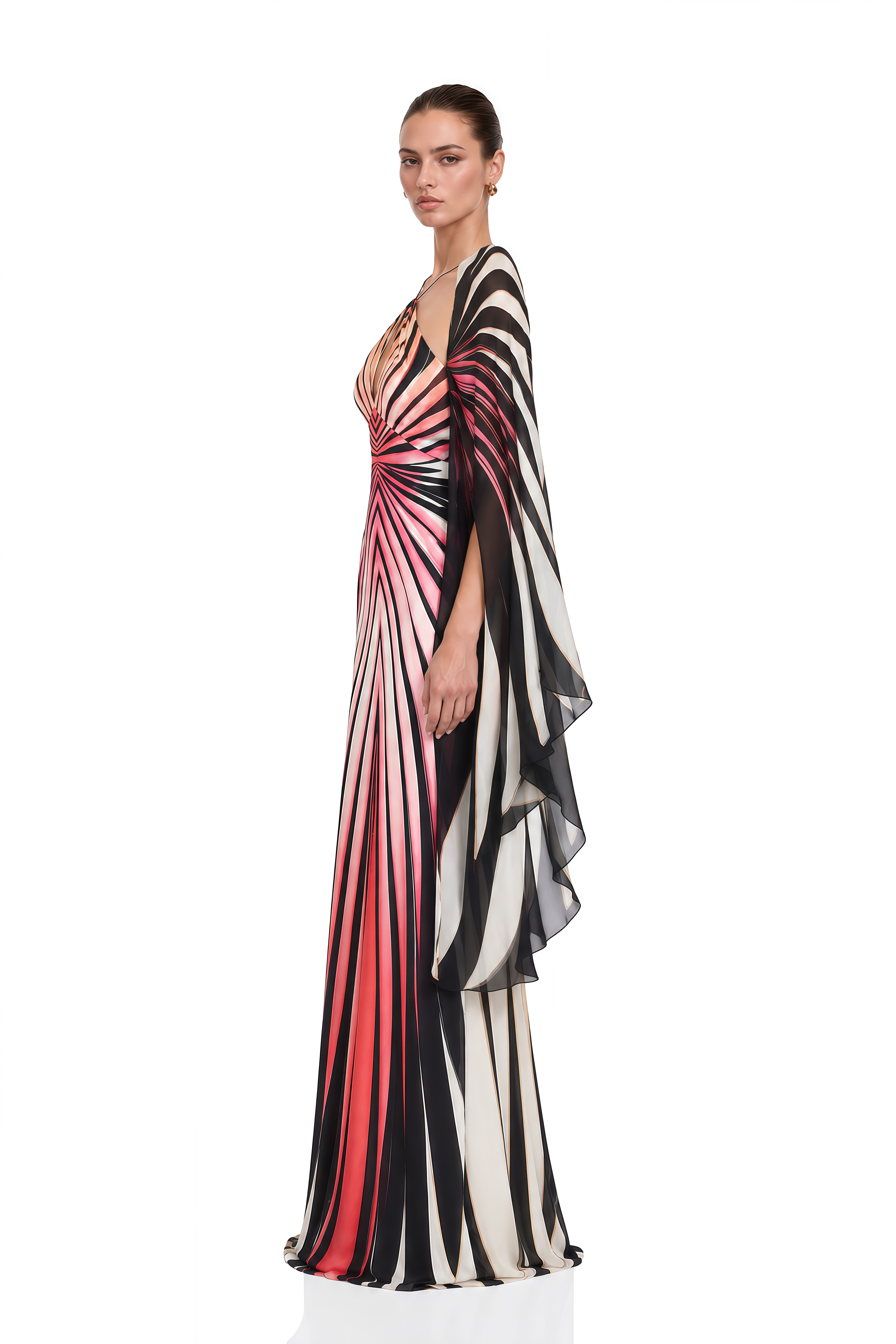 Celandine Pink Geometric Print Cape Sleeve Maxi Dress
