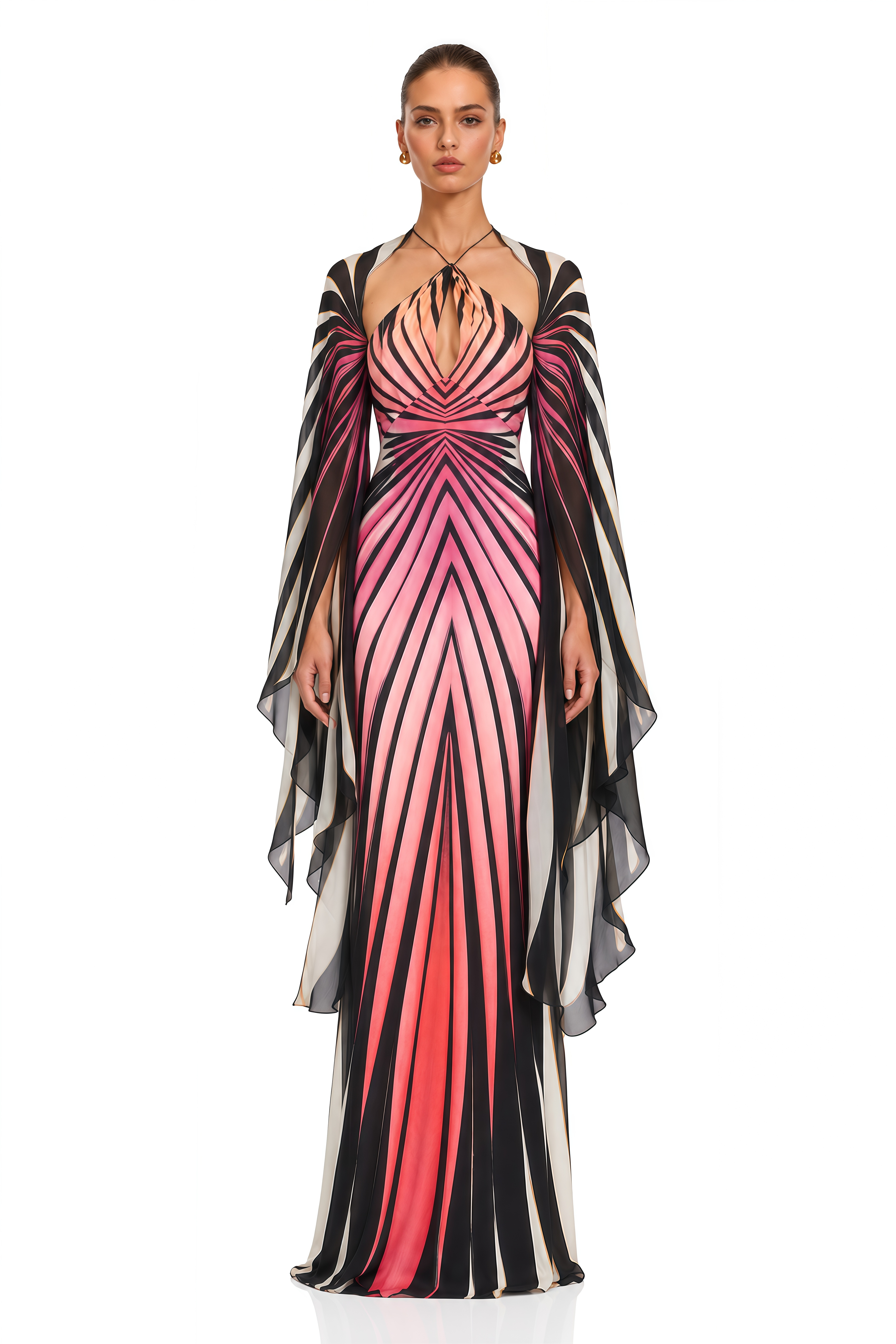 Celandine Pink Geometric Print Cape Sleeve Maxi Dress