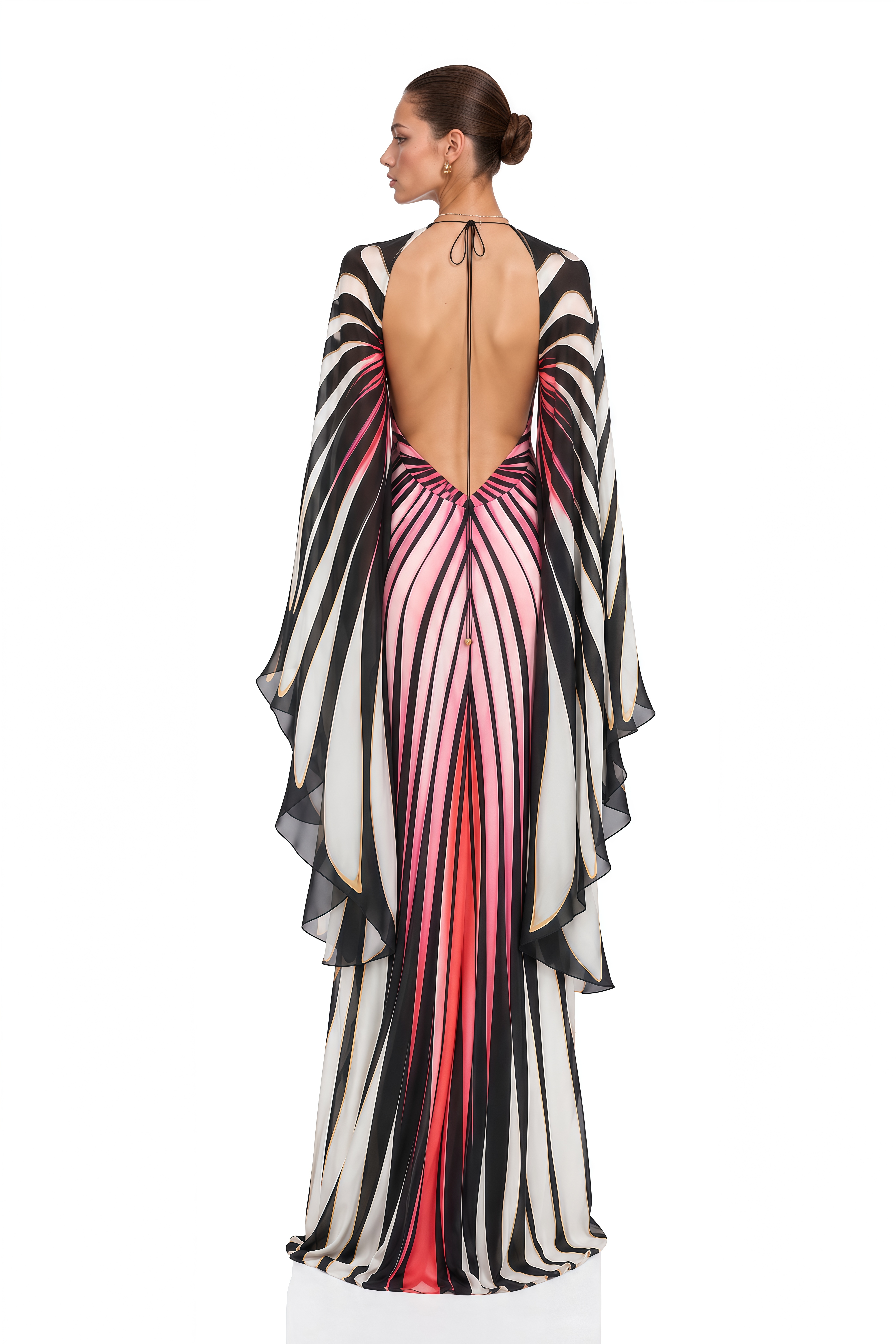 Celandine Pink Geometric Print Cape Sleeve Maxi Dress