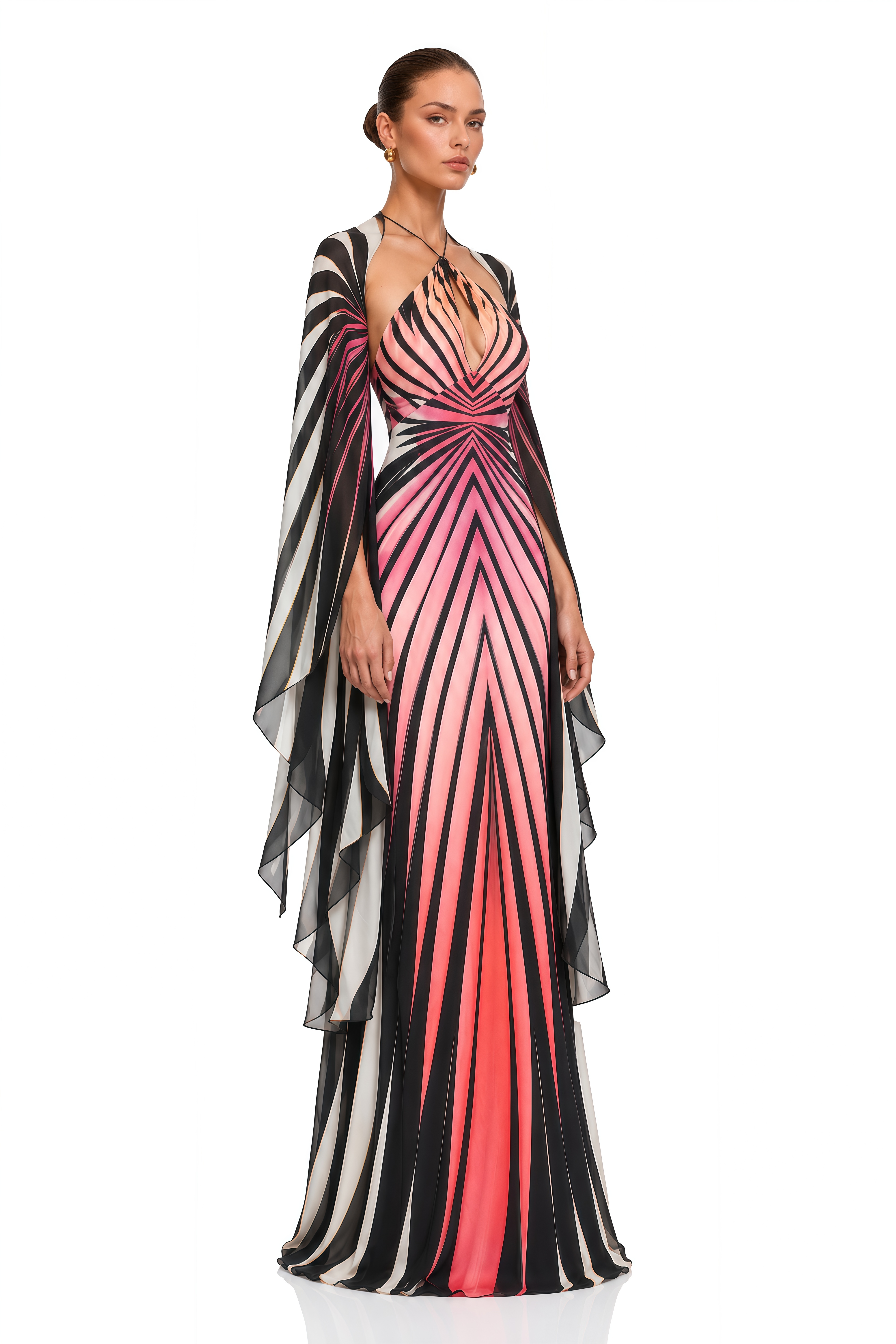 Celandine Pink Geometric Print Cape Sleeve Maxi Dress