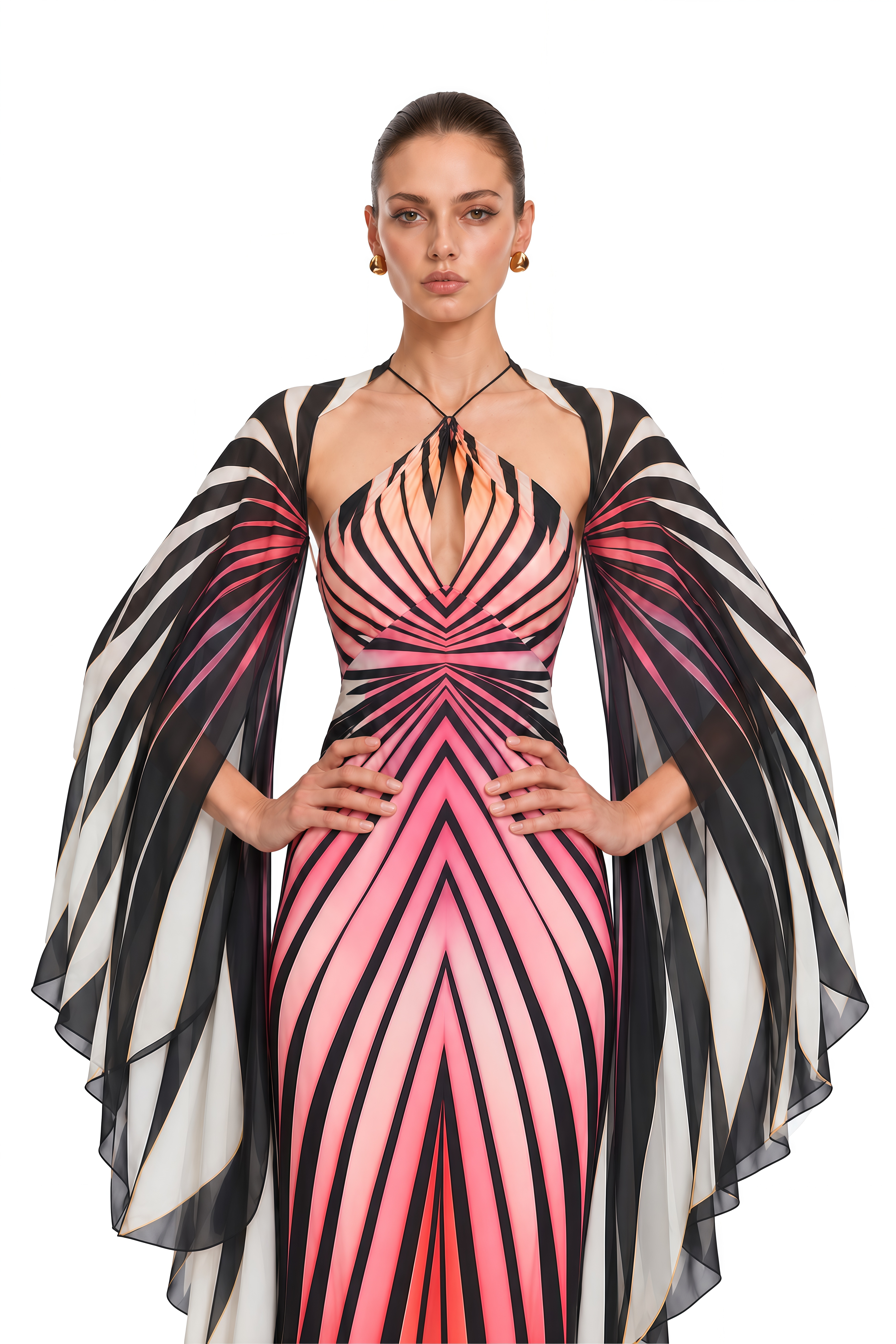 Celandine Pink Geometric Print Cape Sleeve Maxi Dress