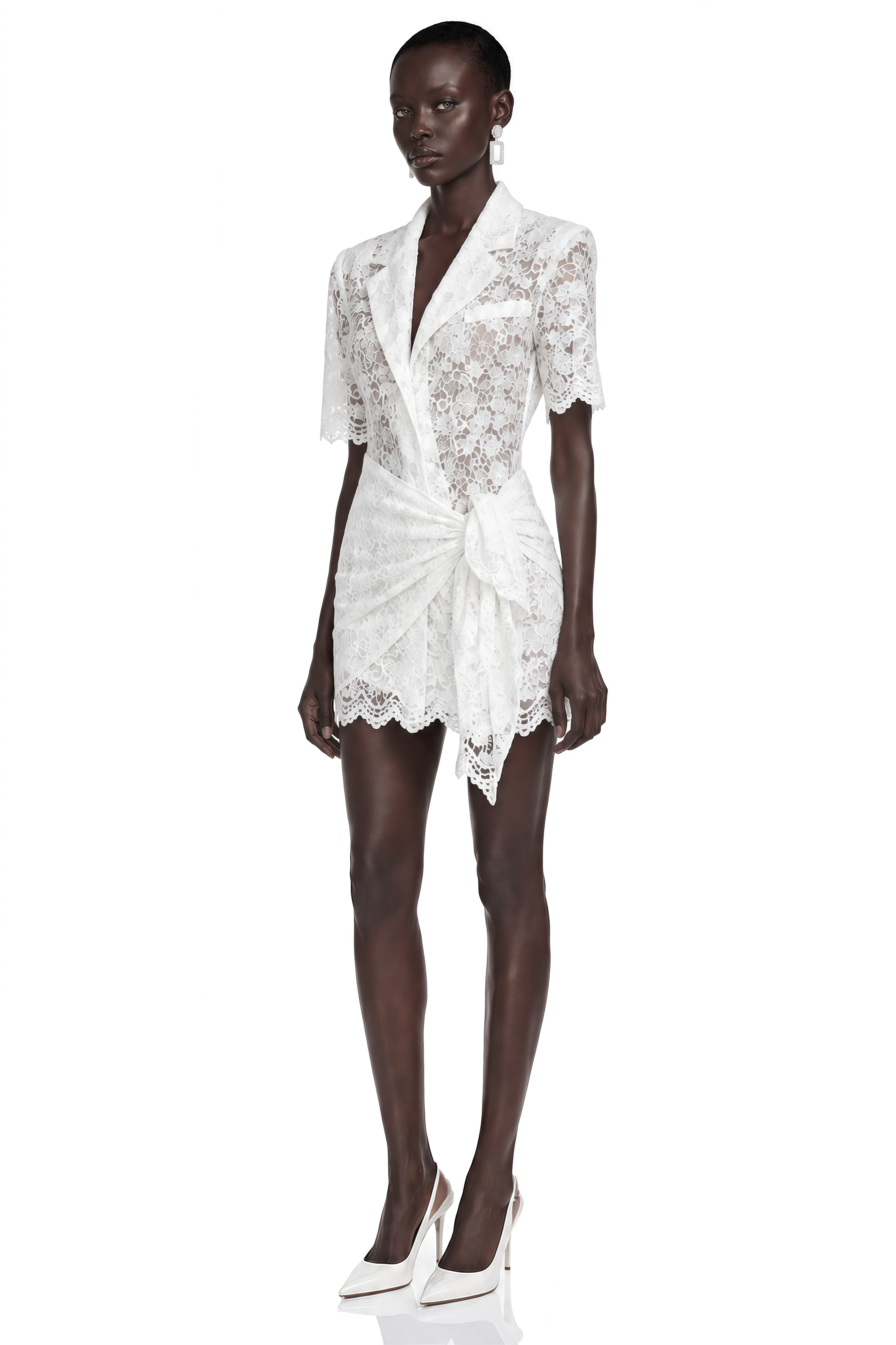 Celandine White Lapel Half Sleeve Lace Blazer Dress with Scarf Set