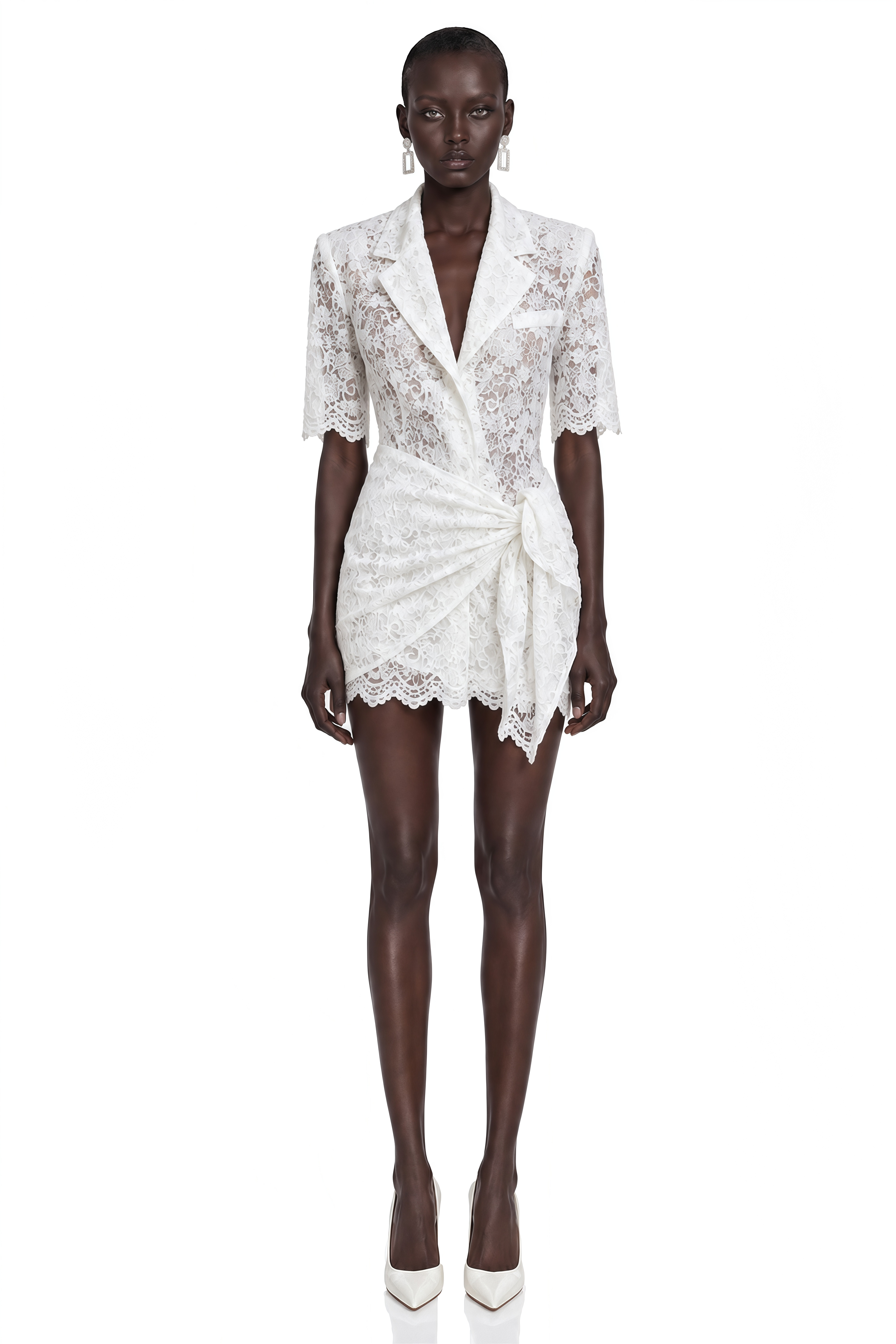 Celandine White Lapel Half Sleeve Lace Blazer Dress with Scarf Set