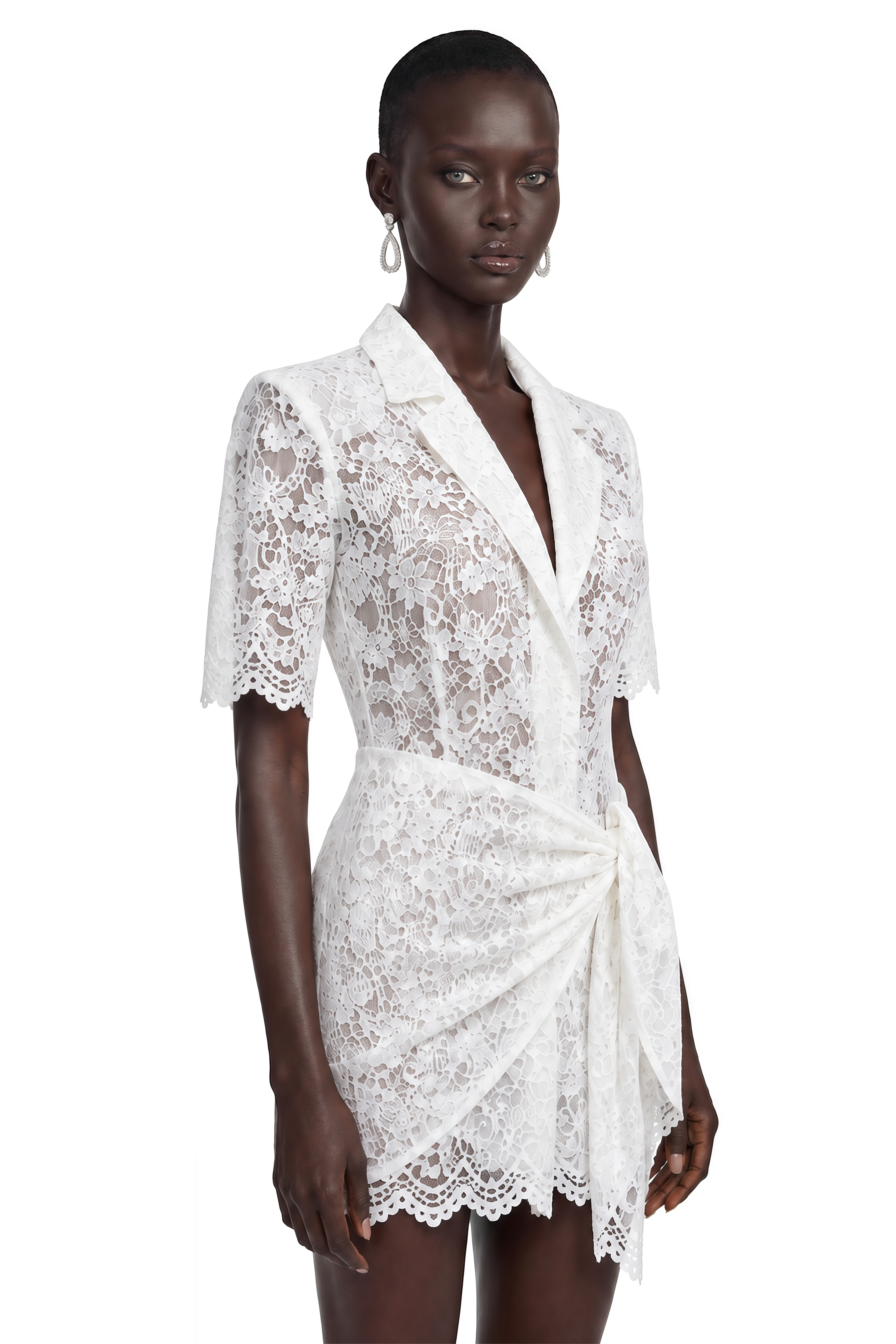 Celandine White Lapel Half Sleeve Lace Blazer Dress with Scarf Set