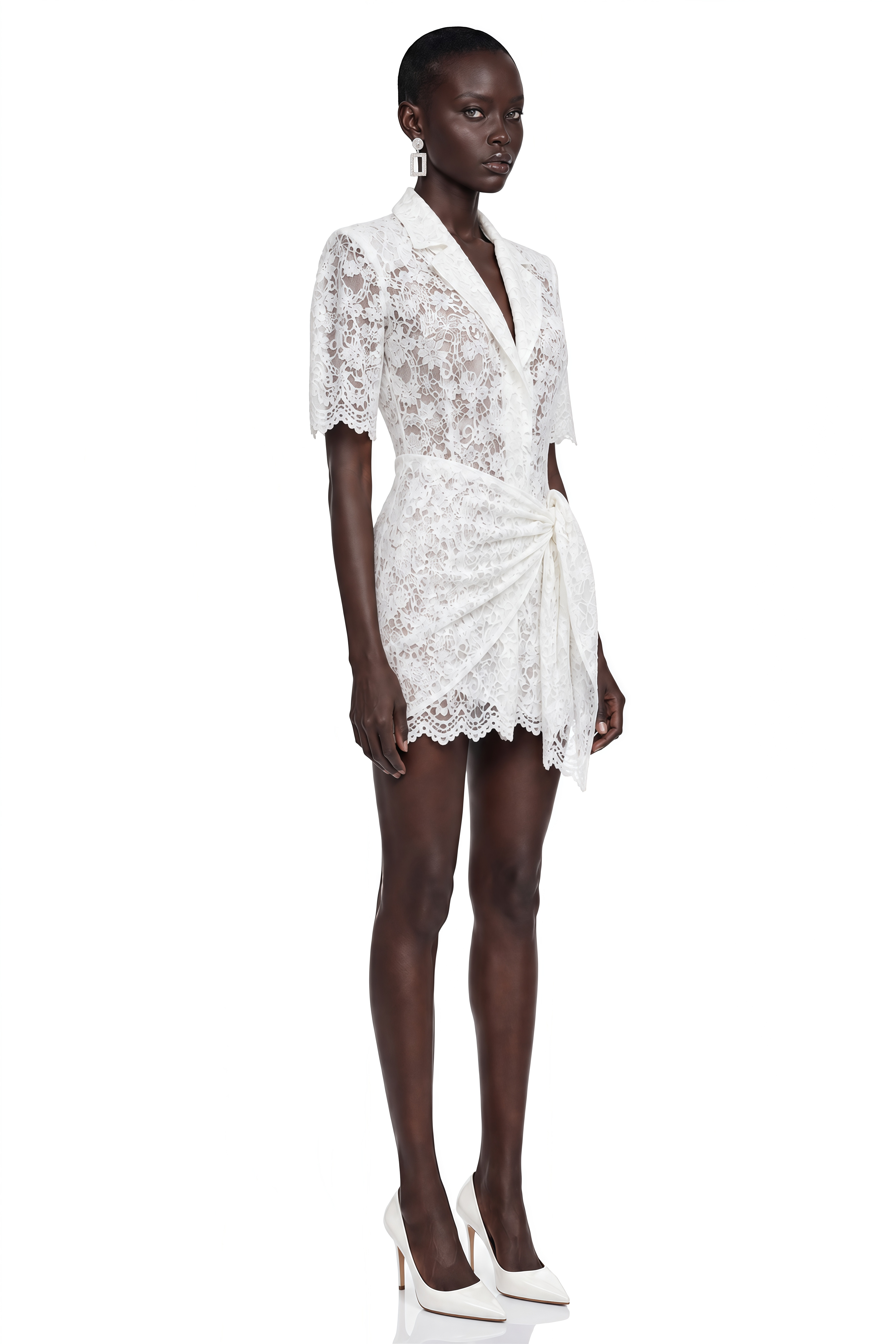 Celandine White Lapel Half Sleeve Lace Blazer Dress with Scarf Set