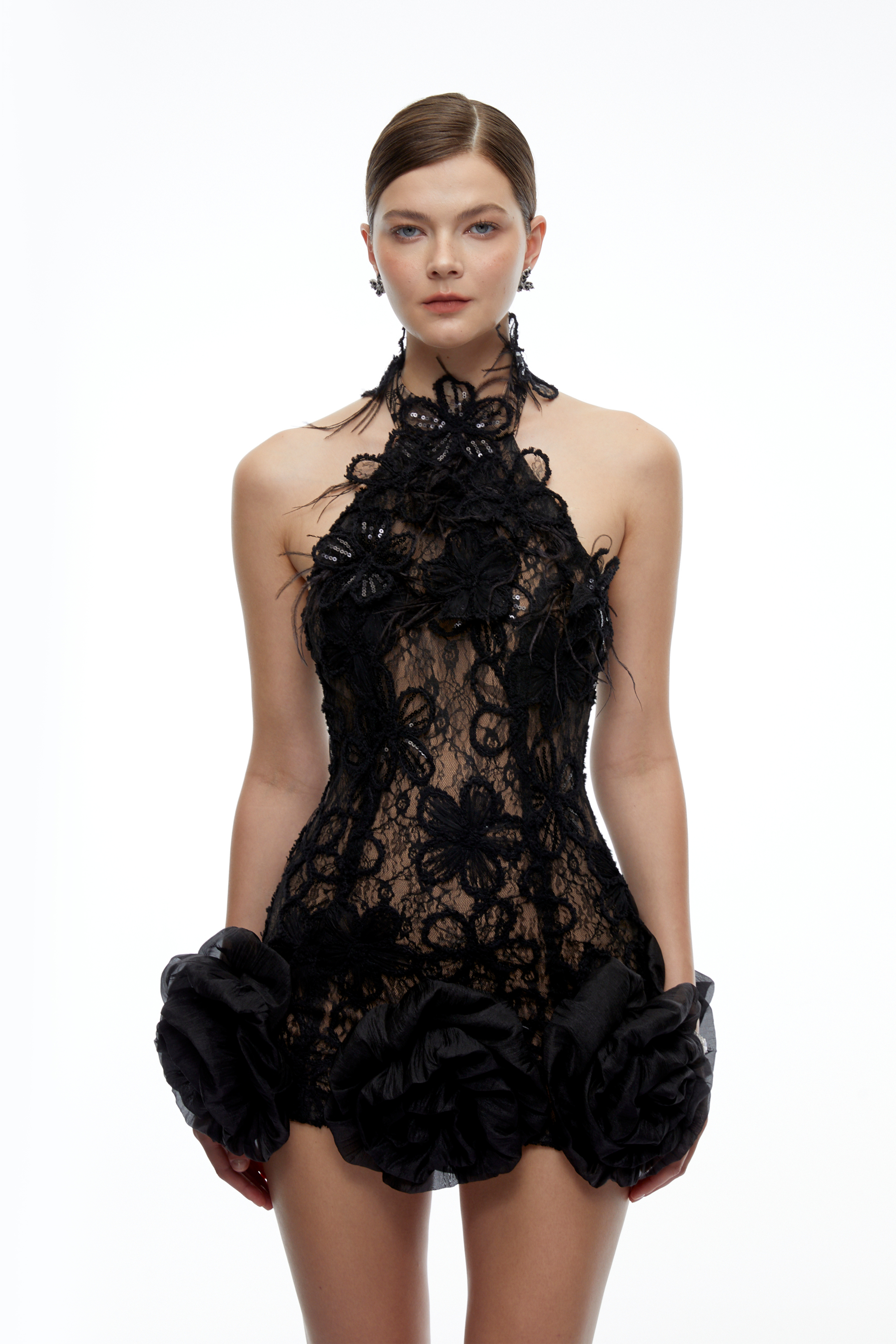 Celandra Black Lace Halterneck Mini Dress